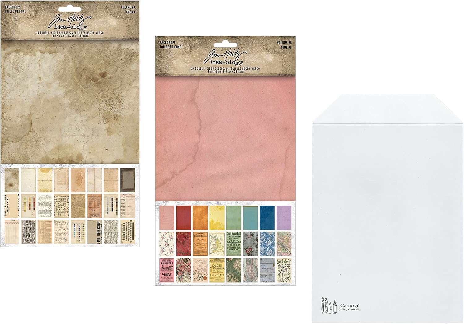 Tim Holtz Idea-Ology 2023 Backdrops 4 and Backdrops 5, 48 Double-Sided Sheets, Carnora Ephemera Storage Pocket, 3 Items Bundle