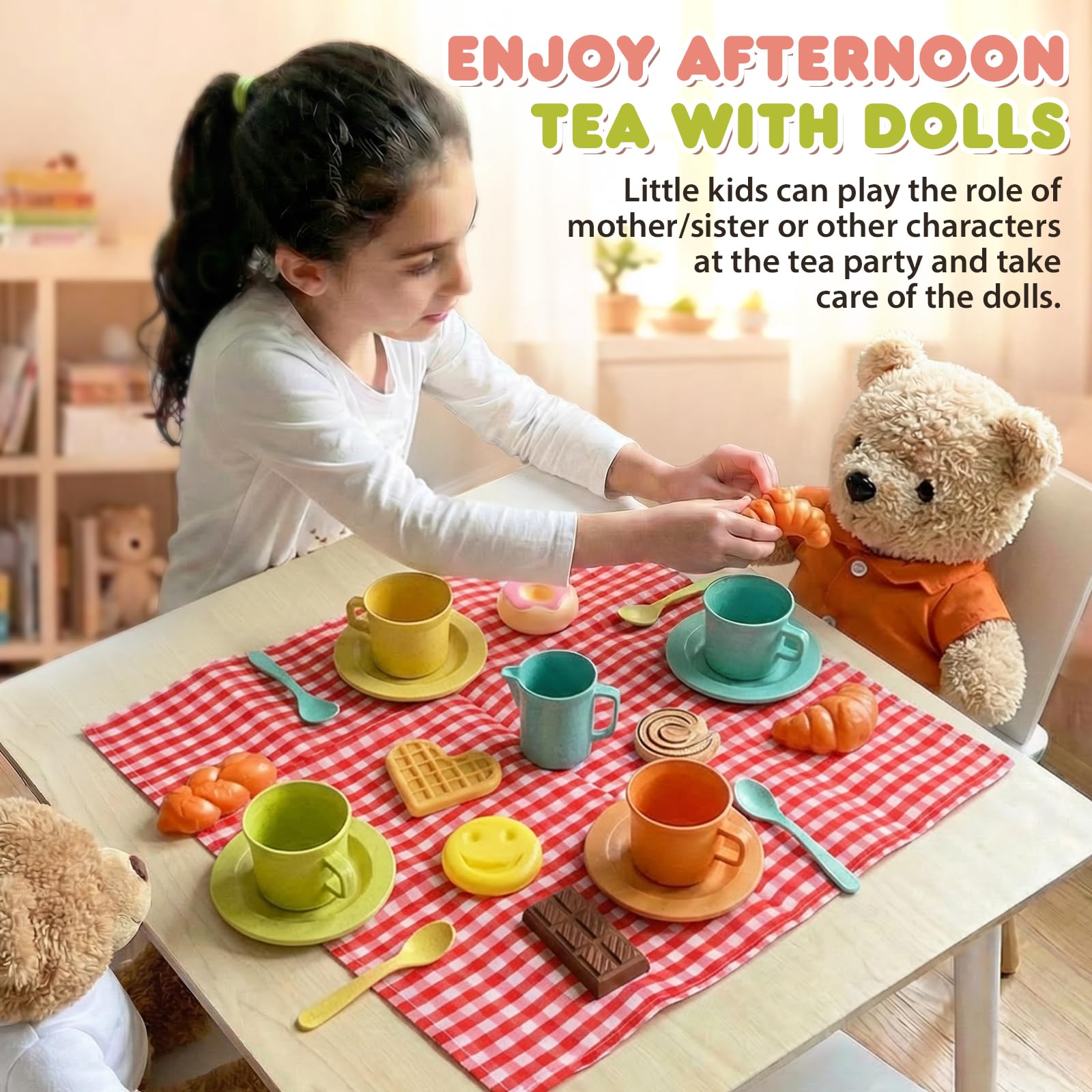 HERSITY Picknickkorb Kinder Teeservice Spielküche, Picknick Kinder Set mit Decke, Tee Set mit Dessert Spielzeug Outdoor, Geschenk für Jungen Mädchen 3 4 5 Jahre