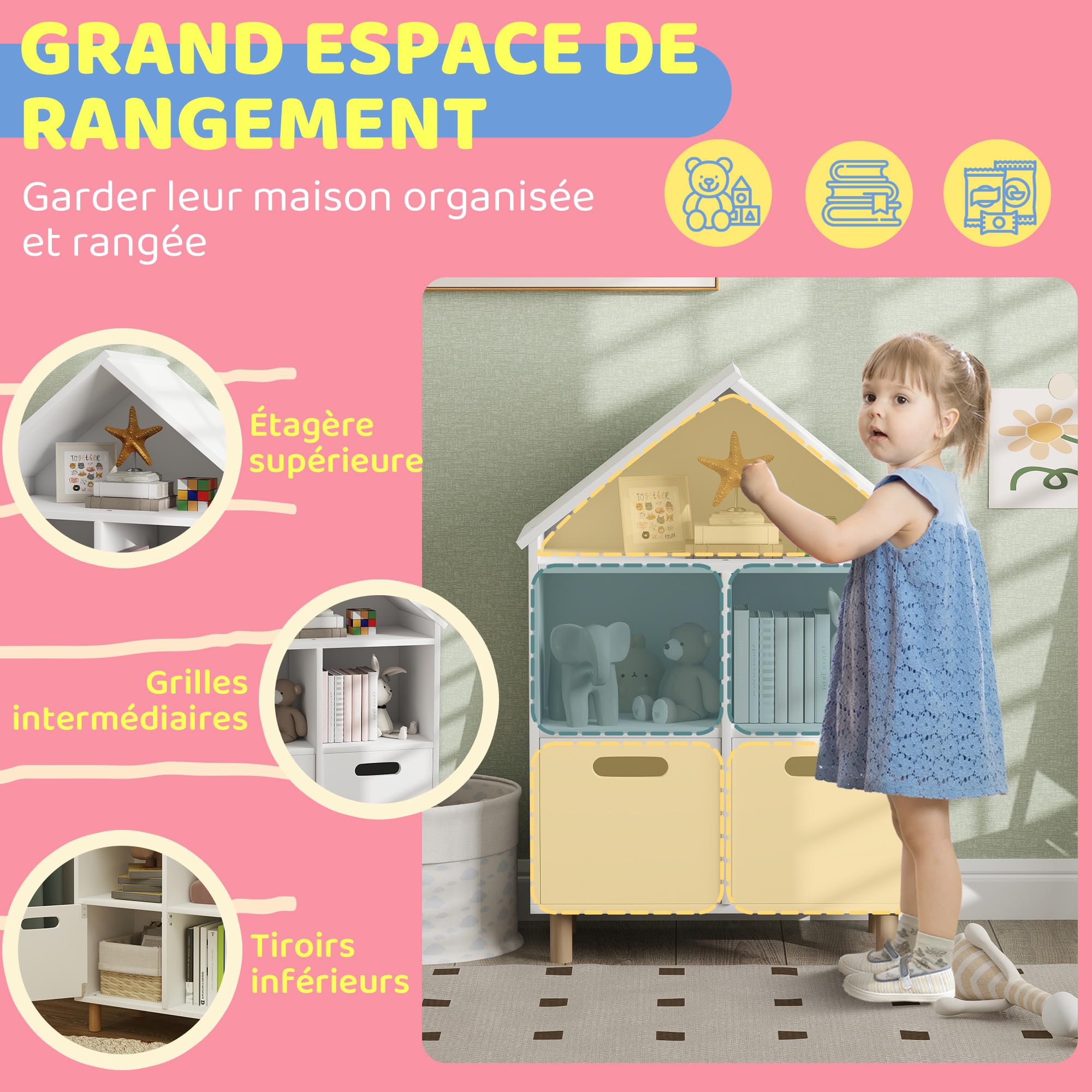 AIYAPLAY Bibliothèque Enfants 3 Niveaux 2 Tiroirs 63,7x29,7x89,5 cm Blanc | Meuble de Rangement, Forme Maison, pour Chambre à Coucher Et Chambres d'Enfants