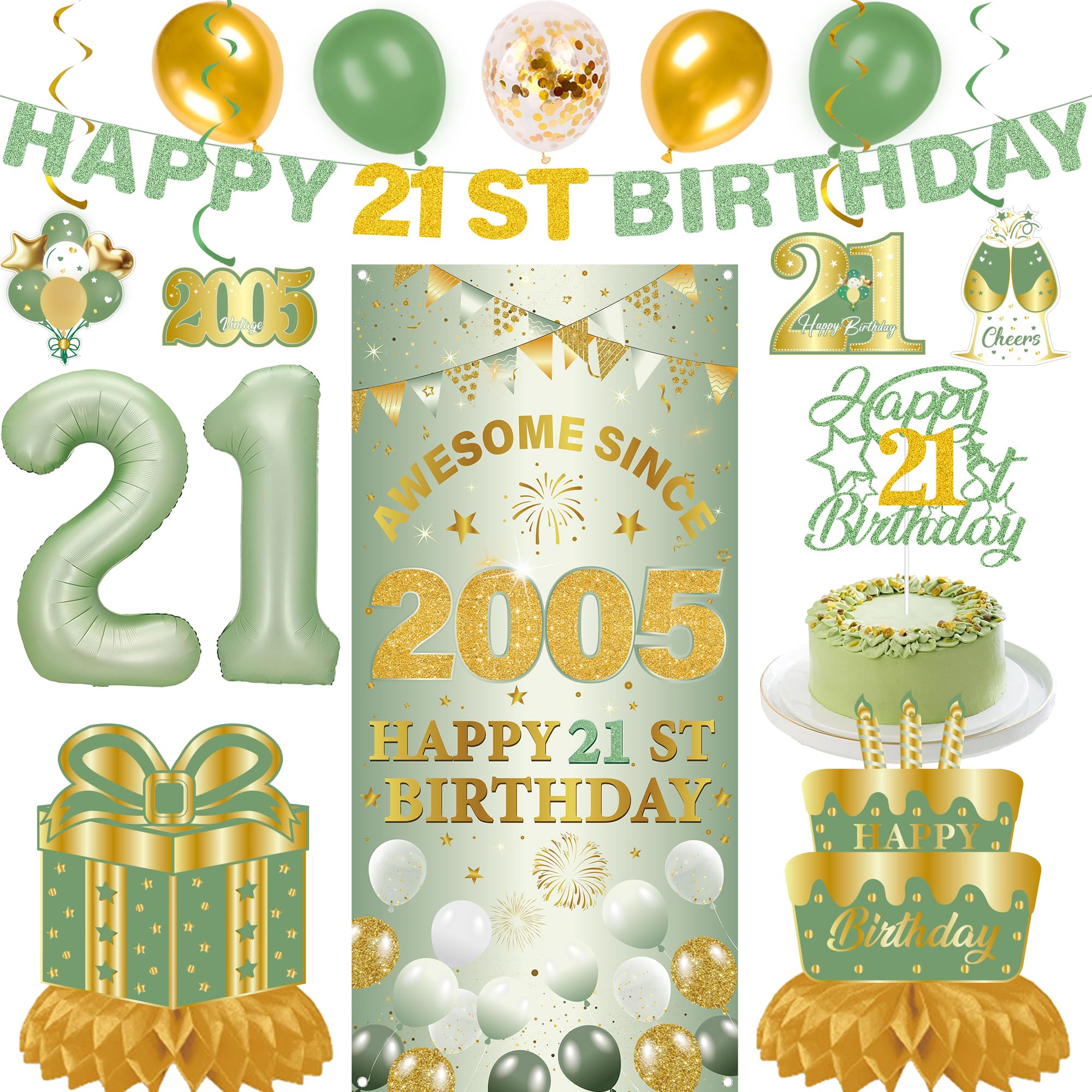 21st Birthday Decorations Women Men - 16 Pcs Green Gold 21st Birthday Banners Balloons Cake Topper Hanging Swirls Awesome Since 2005 Bday Background for Twenty One Year Old Party Supplies Decor