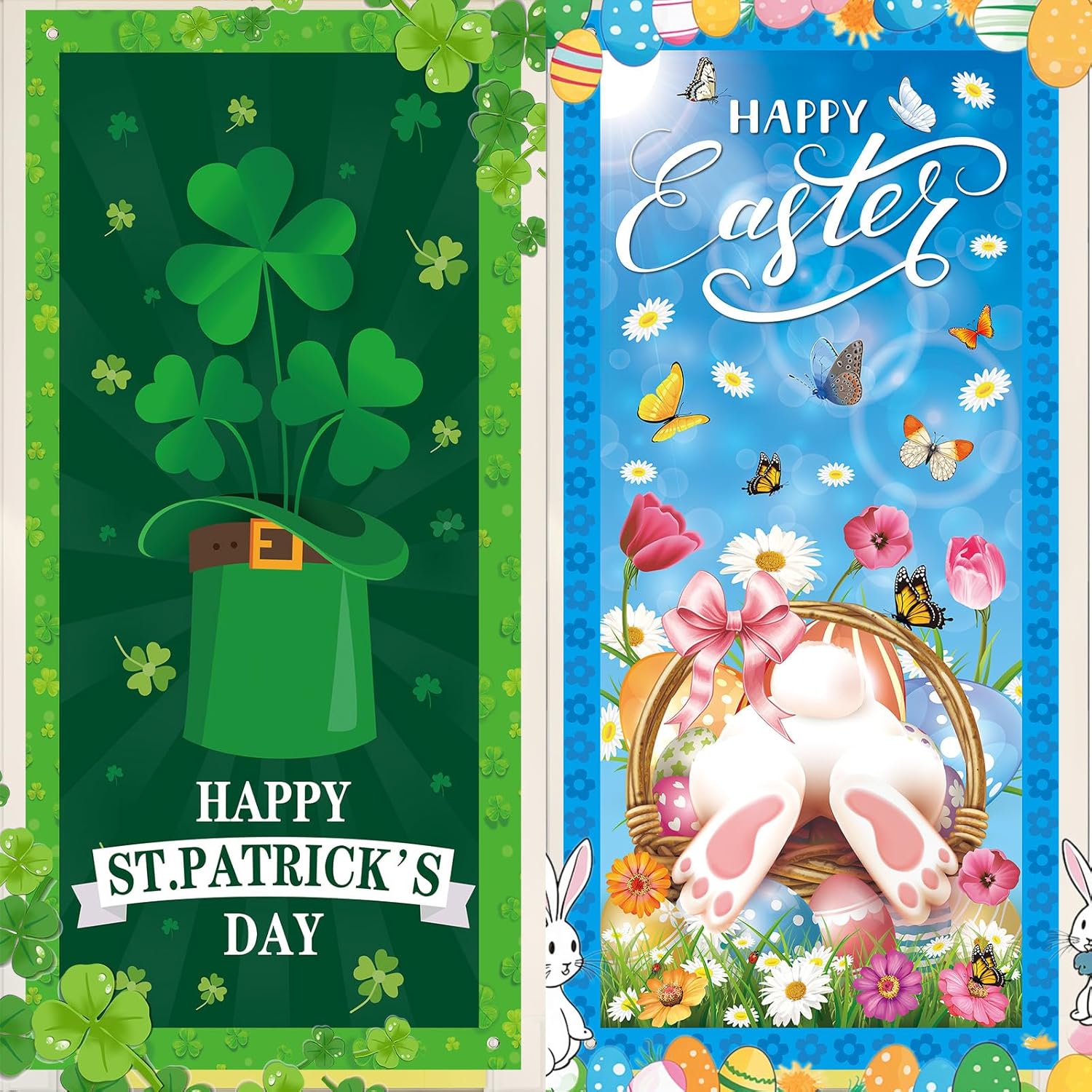 2Pcs St. Patrick's Day and Happy Easter Door Covers Green Shamrock Porch Sign Door Banner Bunny Easter Egg Banner for Spring Holiday Party Decorations