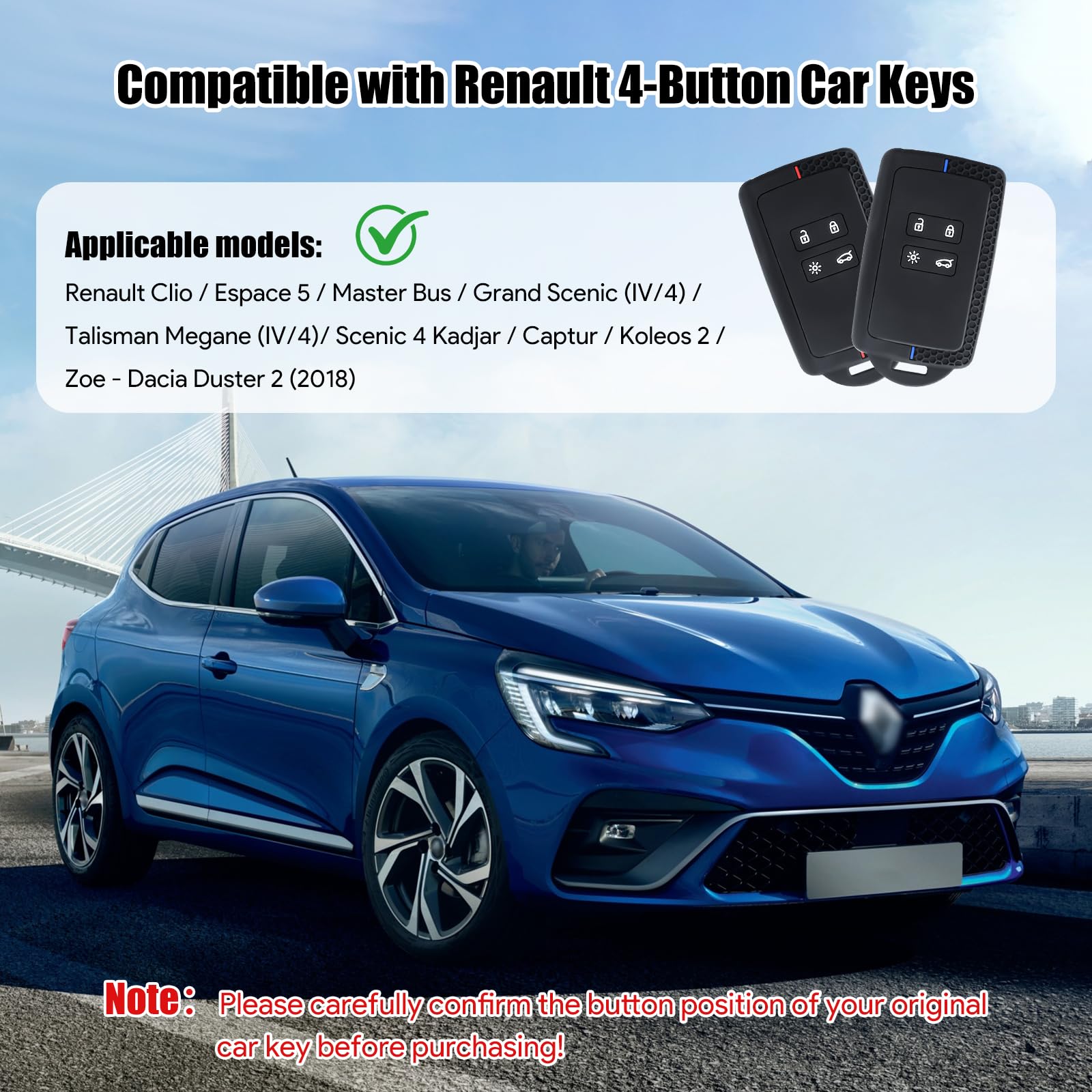2 szt. etui na kluczyki samochodowe kompatybilne z Renault 4 przyciski, Smartkey, tylko Keyless Go, z breloczkiem do kluczy, silikonowe etui ochronne do Clio Espace Dacia Master Bus Talisman