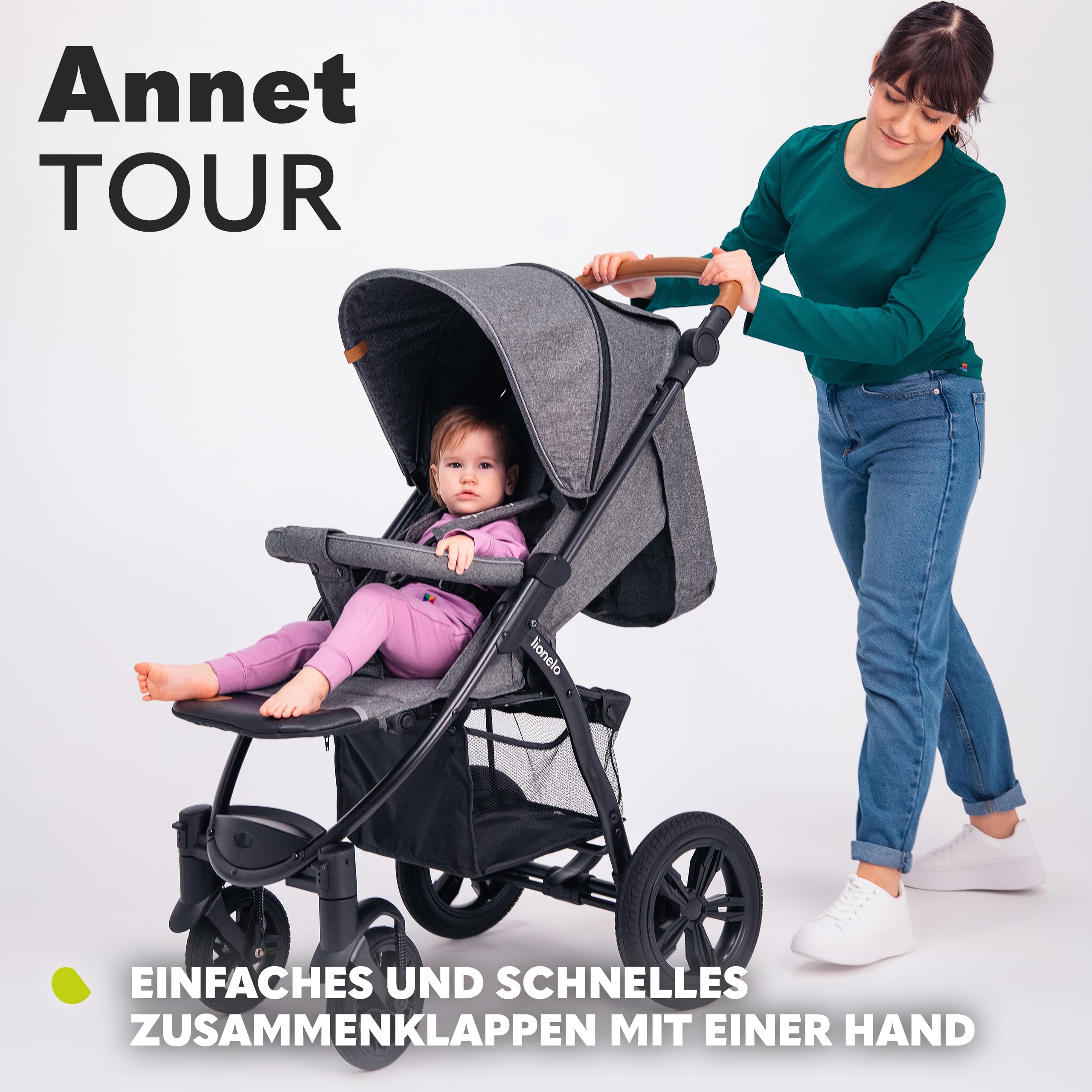 LIONELO Annet Buggy bis 22 kg mit Liegefunktion, Kinderwagen klein zusammenklappbar mit Zubehör, Eva-Schaum-Räder, Moskitonetz, Fußdecke Getränkehalter, Korb (Dreamin, Tour)