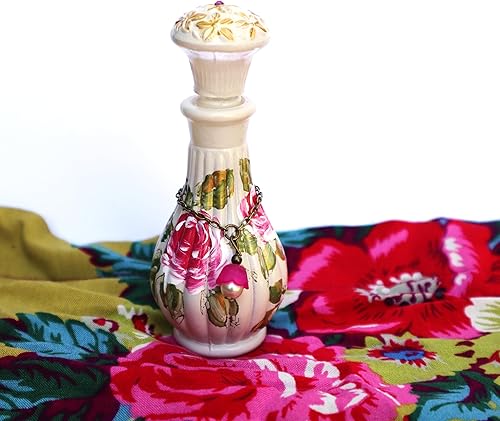 Botella de perfume decorativa de vidrio blanco marfil con rosas rosas pintadas a mano y hojas verdes doradas, romántica decoración victoriana en