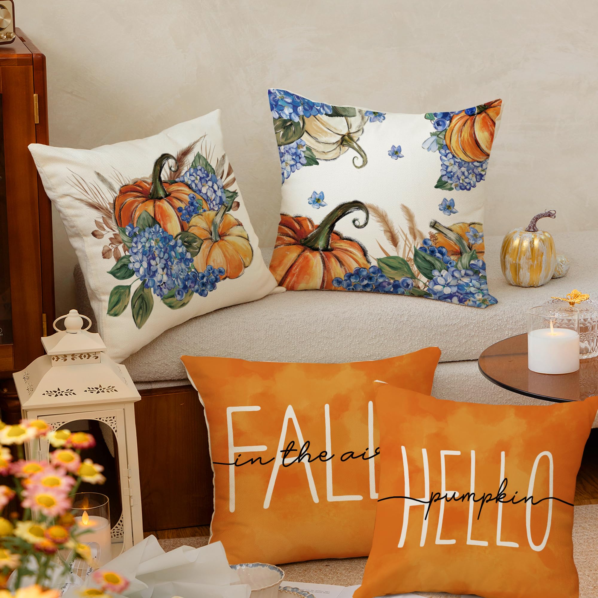 Juego de 4 fundas de almohada de calabaza de hortensias otoñales de 18 x 18 pulgadas, diseño de otoño de Acción de Gracias, diseño floral de temporada, para sofá, sillón, diseño de otoño 2