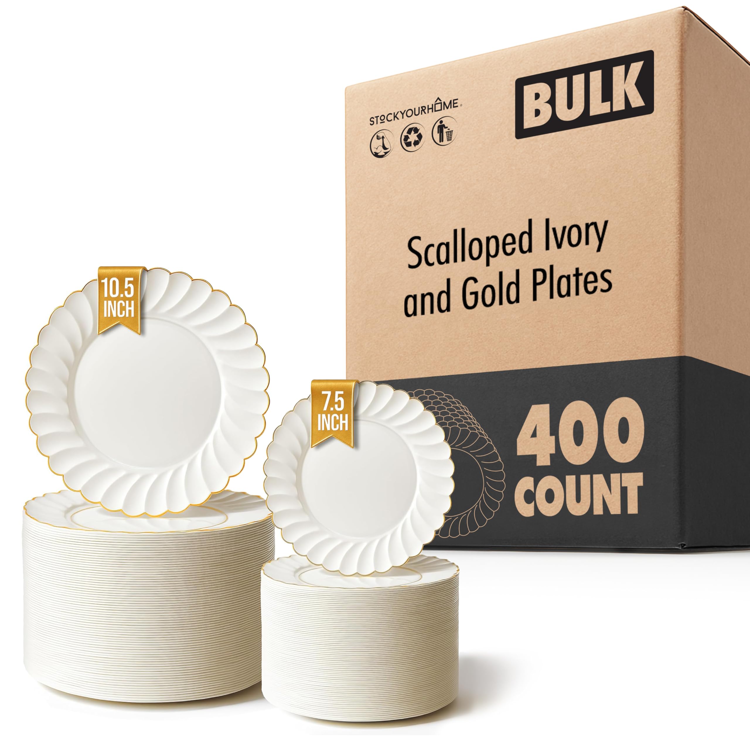 Stock Your Home 400 Pack – Elegant Ivory & Gold Scalloped Plastic Plates – Heavy-Duty Disposable Cream Plates with Gold Rim for Thanksgiving, Holidays