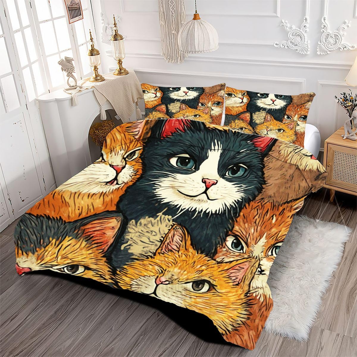 Edredón 135x200 cm Gato De Dibujos Animados, Reversible Juego de Cama 135x200 en Microfibra, 3D Impresión Nórdico con 2 Funda de Almohada 50x75