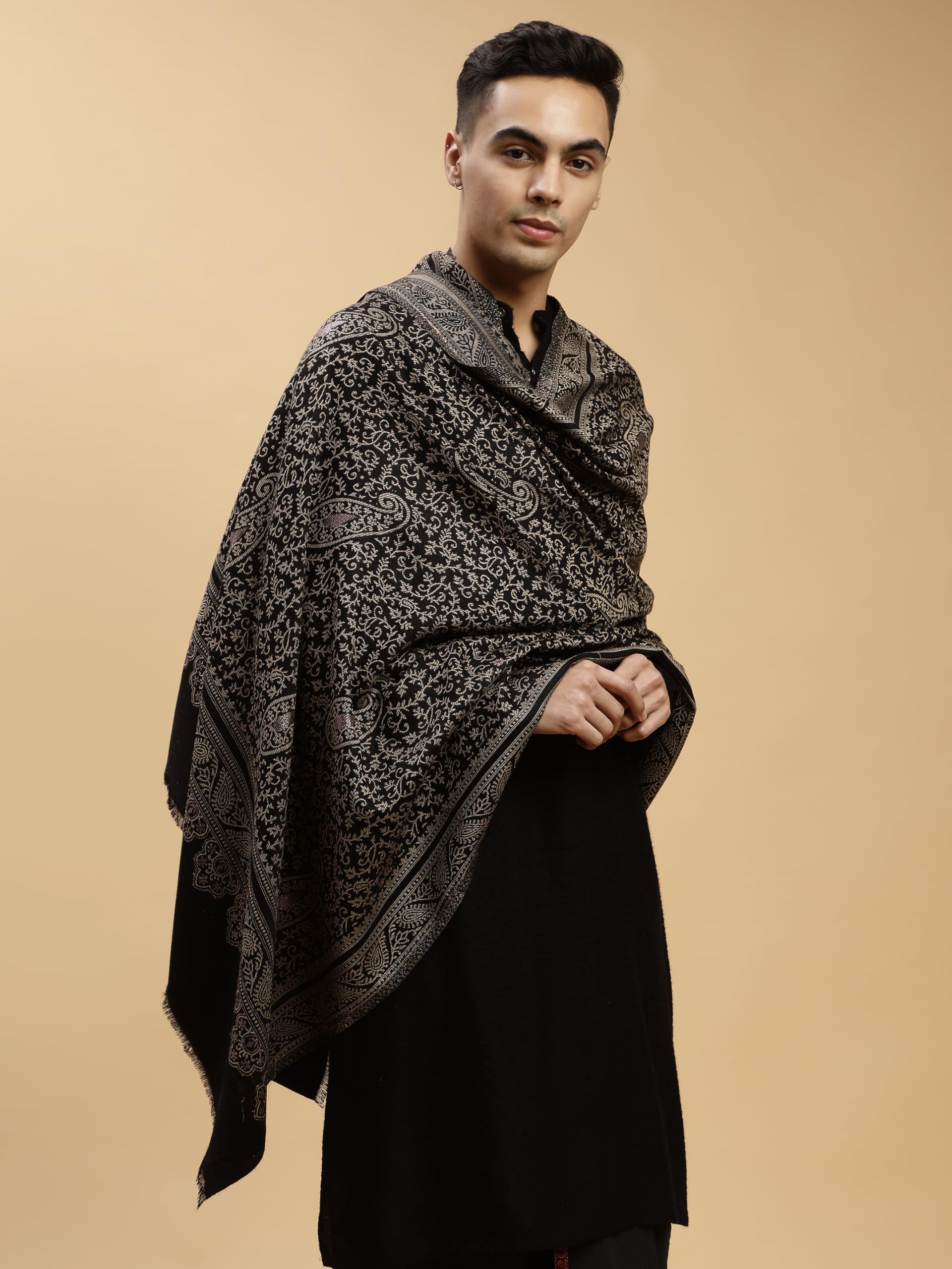 tweedle Ambi Design Kashmiri Stole/Shawl for Men, Blended Wool, Pashmina Style, Zari Scarf for Kurta - Black (40 x 80 Inches) 4