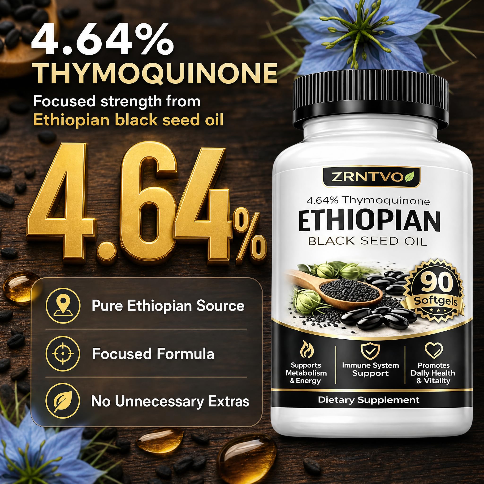Ethiopian Black Seed Oil Capsules, Organic Cold Pressed Black Seed Oil with 4.64% Thymoquinone, Non-GMO, Gluten-Free, 90 Capsules — Amazon image 3