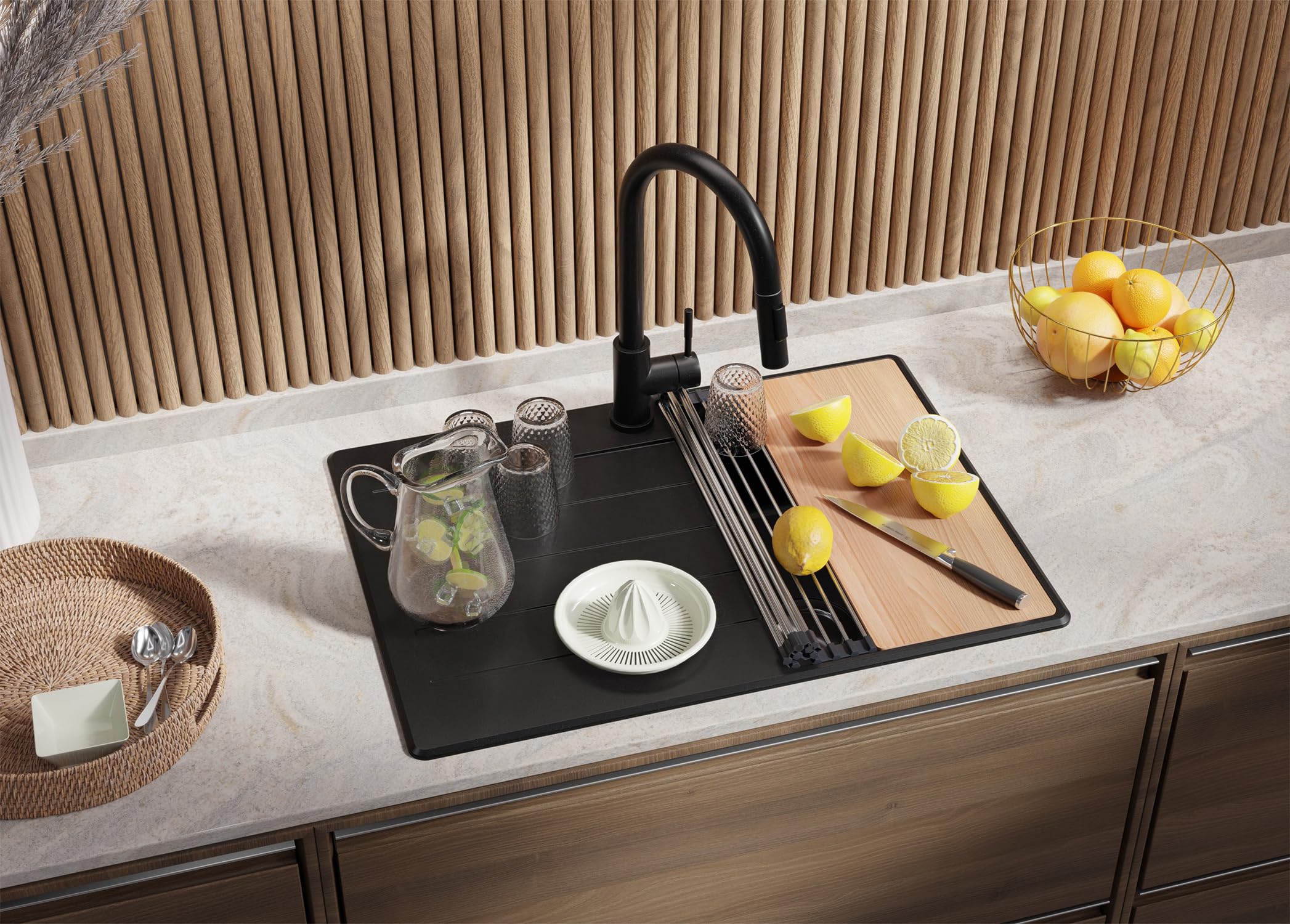 PRIMAGRAN Granitspüle Alles Schwarz - Kopenhagen Top, 70x50cm | Spülbecken 1 Becken + Küchenarmatur 40x20cm + Zuberhor-Set, Küchenspüle ab 40er Unterschrank (S187)