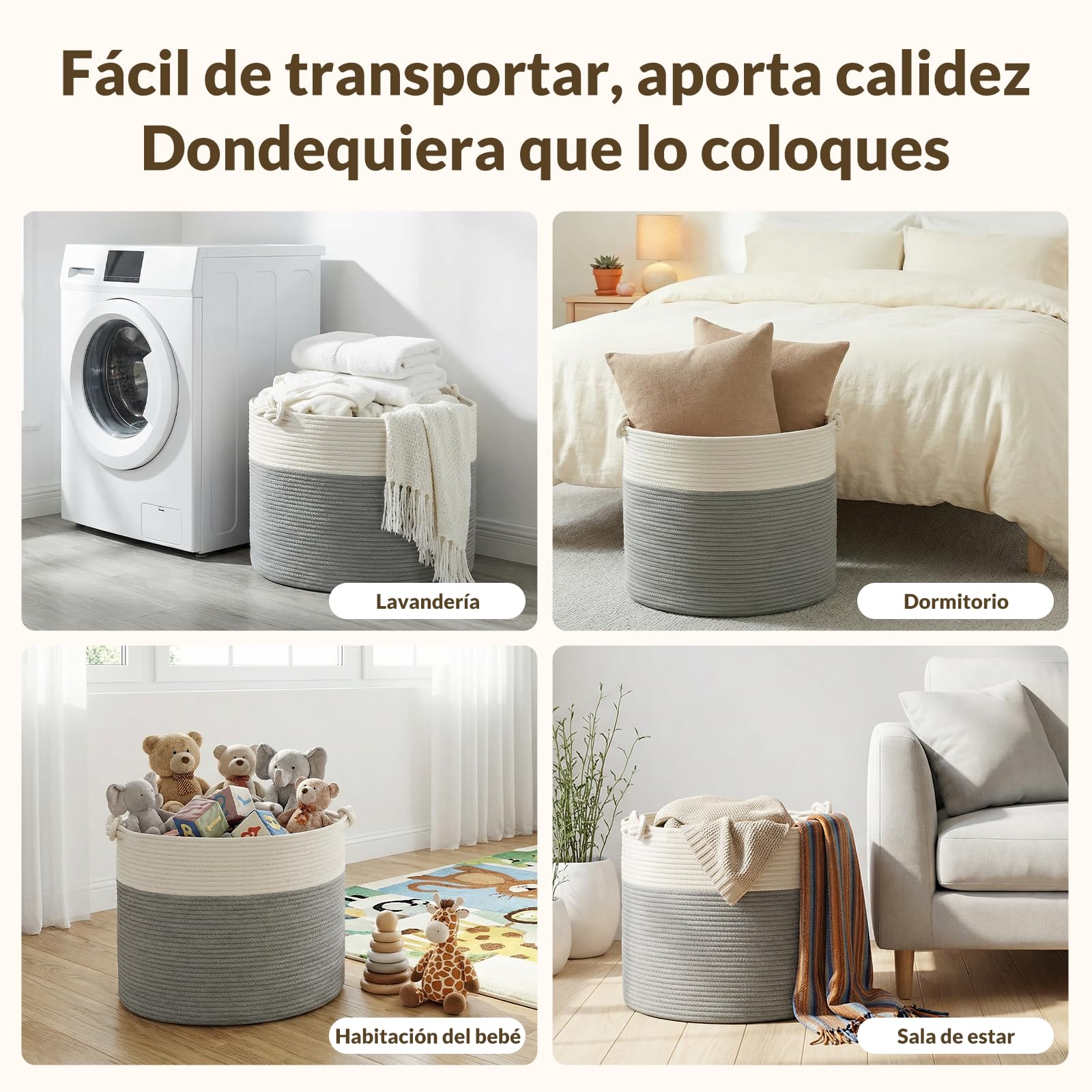 COSYLAND Cesto de Ropa Sucia de Cuerda de Algodón D50 x H35 cm – Cesta para la Ropa Sucia con Asas – Cesto Plegable para Mantas, Juguetes y Lavandería – Blanco Crema y Gris Claro