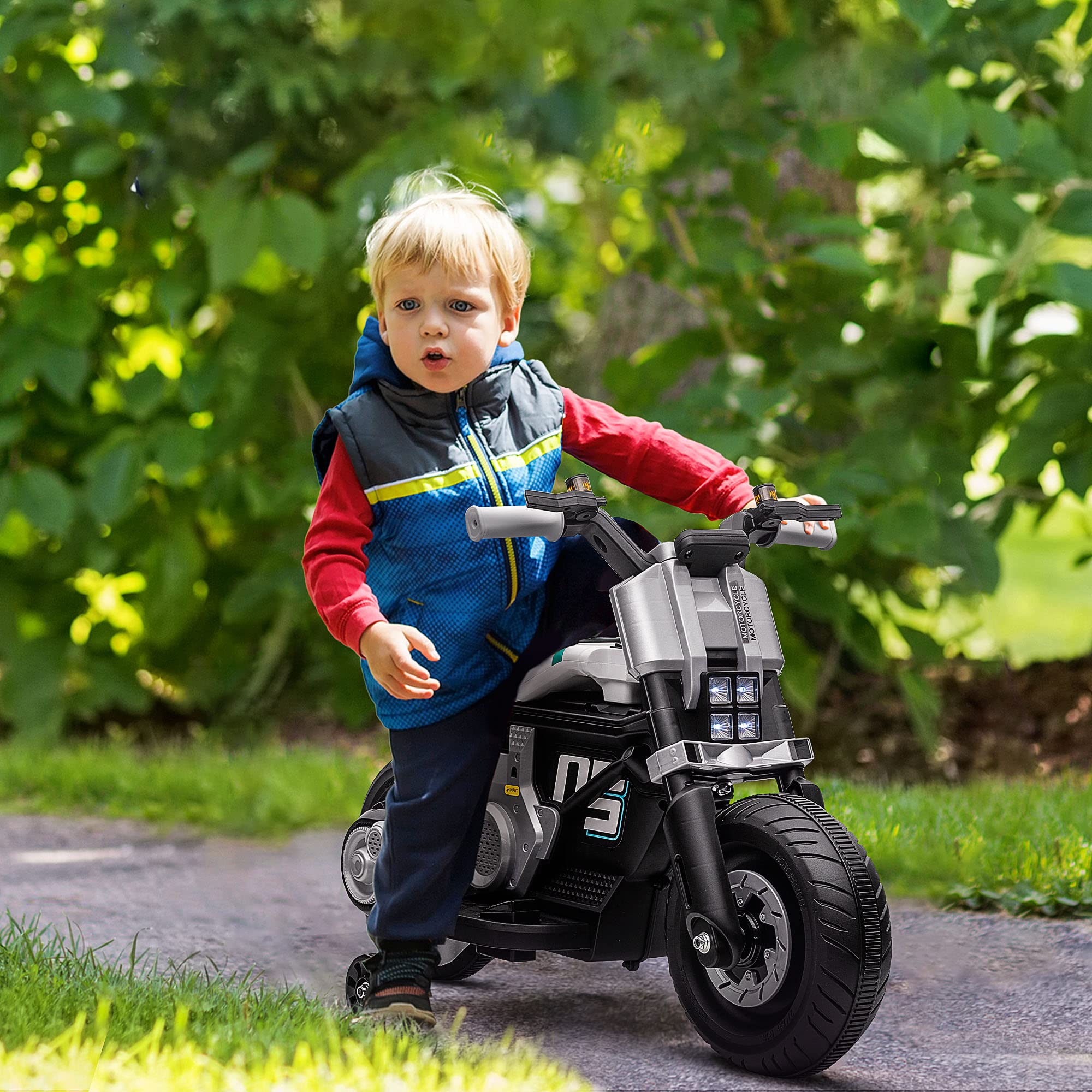 HOMCOM Moto Elettrica per Bambini 6V con Rotelle, Clacson, 4 Fari e Musica, Motorino Elettrico per Bambini 3-5 Anni in PP e Metallo, Velocità 3 km/h, 86x44x58 cm, Bianca