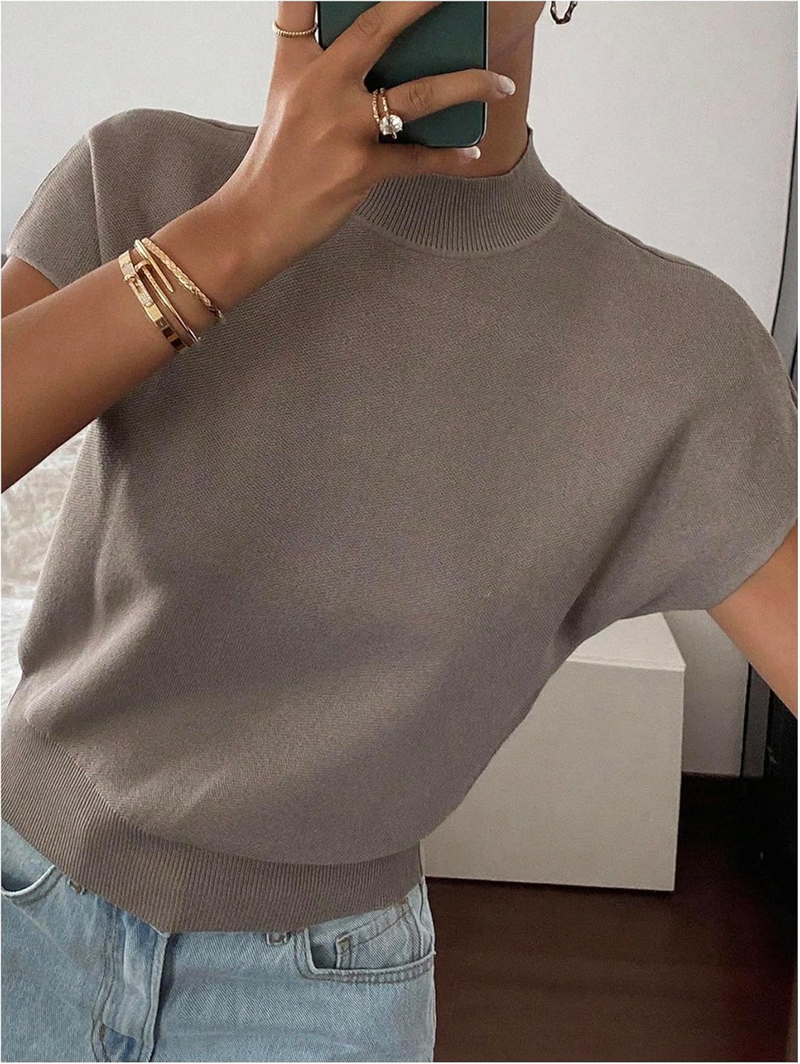 Verdusa Women's Mock Neck Lightweight Sweaters Business Casual Cap Sleeve Pullover Knit Tops - Image 4