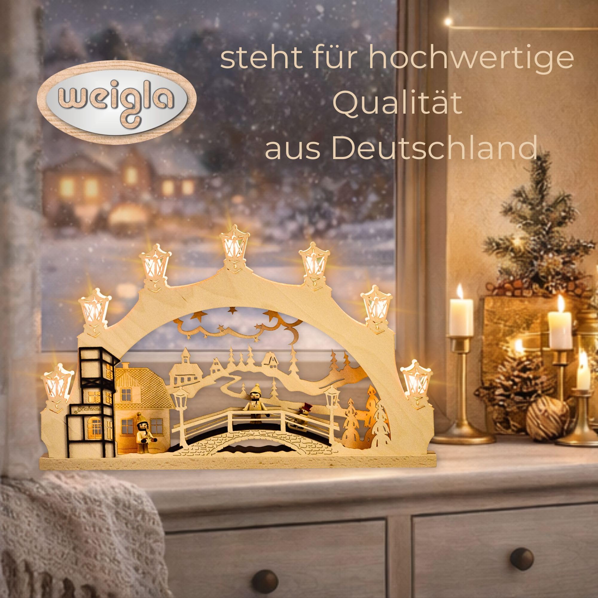 weigla - Schwibbogen original Erzgebirge I Lichterbogen Weihnachten I Motiv Winterkinder Erzgebirge I 7 Lampenkerzen + 1 Ersatzlampe I 7 x 34 V, 3 W, E10 I beleuchtete Weihnachtsdeko