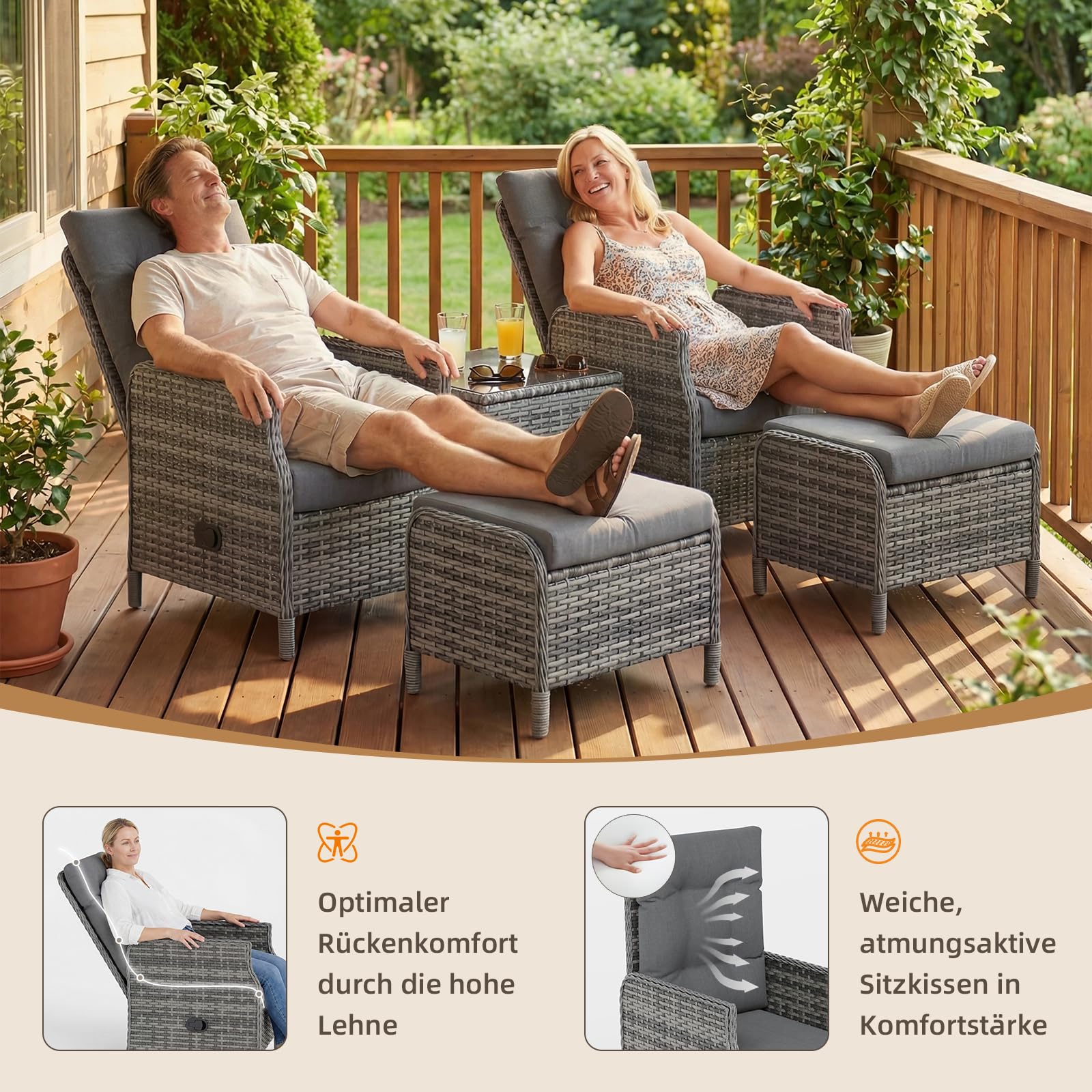 UDPATIO Rattan Gartenmöbel Set 5-teilig mit Verstellbaren Sessel, Fußhocker und Couchtisch | Lounge Möbel Outdoor Set | Balkonmöbel Kleiner Balkon | Wetterfest Terrassenmöbel | Dunkelgrau