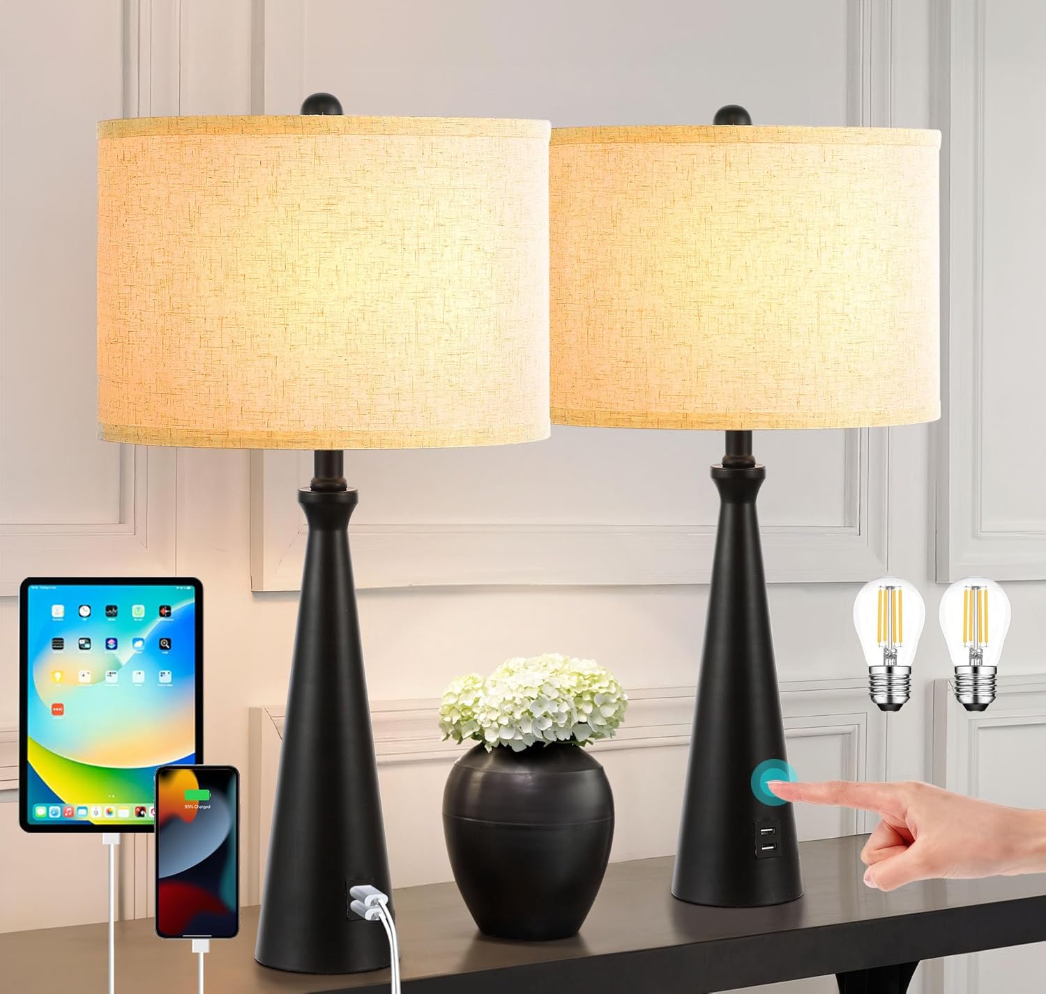 Lamp for Bedroom Set of 2 Lamps for Night Stand Black Bedside Lamps Modern Living Room End Table Lamps