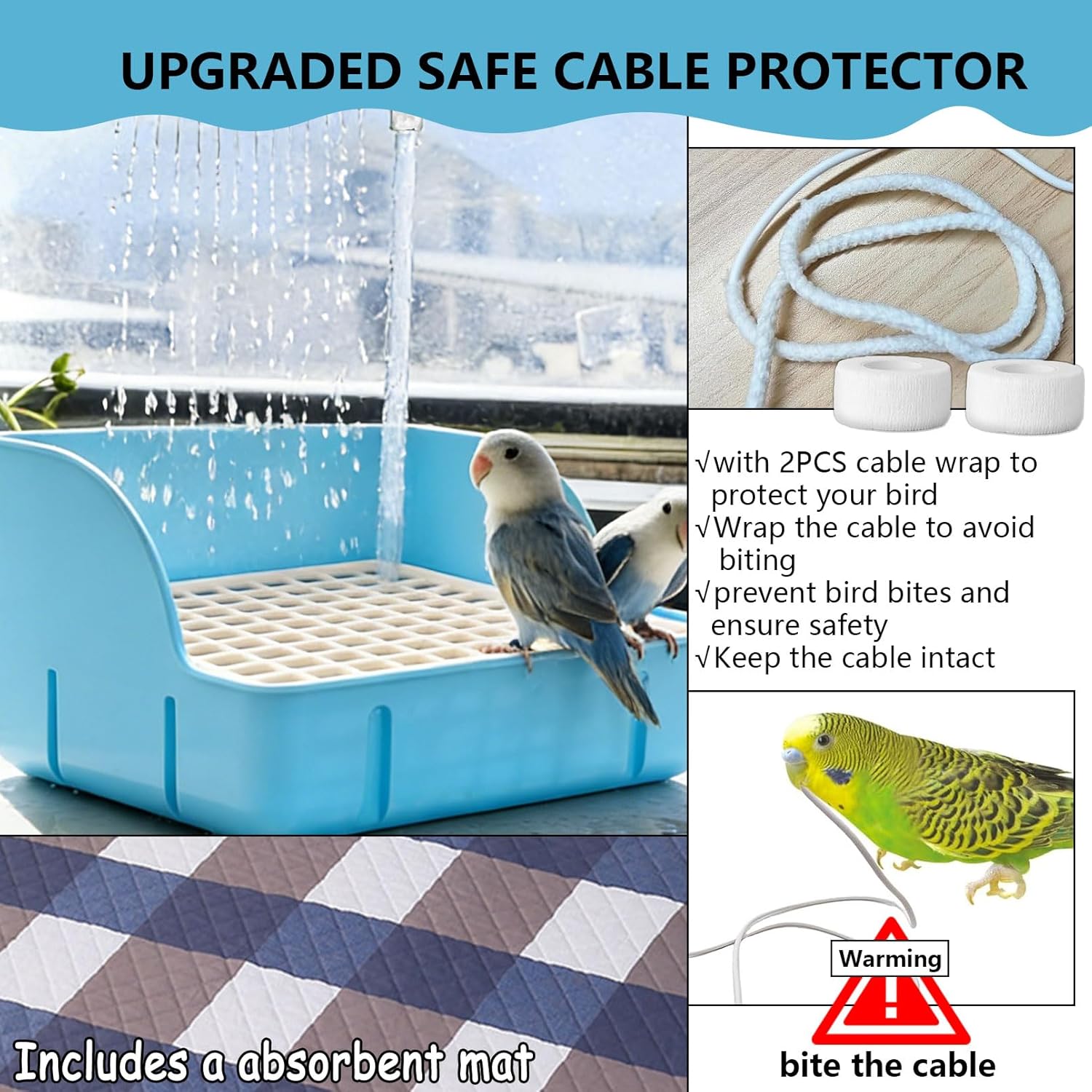 kathson Automatic Parrot Bathtub with Pump, Large Bird Shower Fountain with USB Electric Water Cycle, Parakeet Bath Tub for Medium Birds, Cockatiel, Cockatoo, Lovebird, African Grey, Conure, Budgie