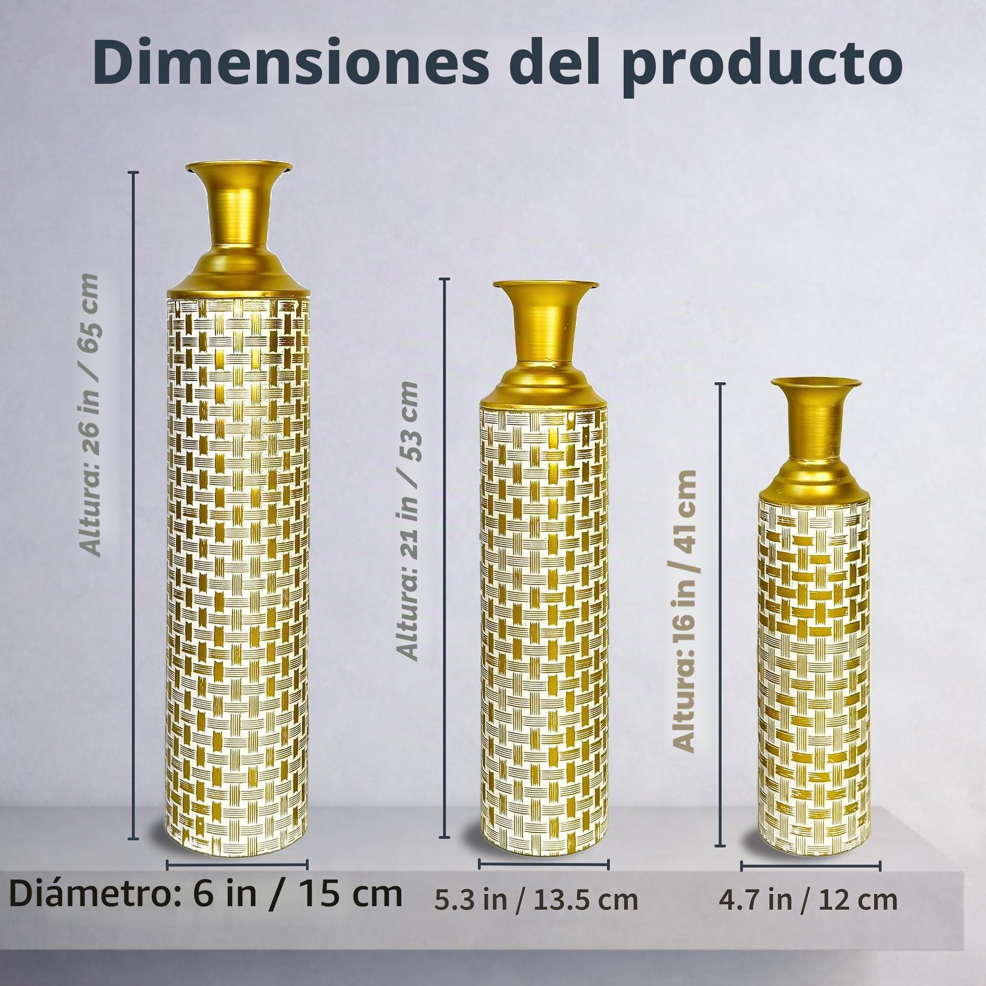 Leewadee Set de 3 Grandes Jarrones de Suelo Metal para Pampa | 3 Jarrones Deco para el Salón, en trío junto a chimenea & TV para Pampa & ramas. Irrompible, sin astillas