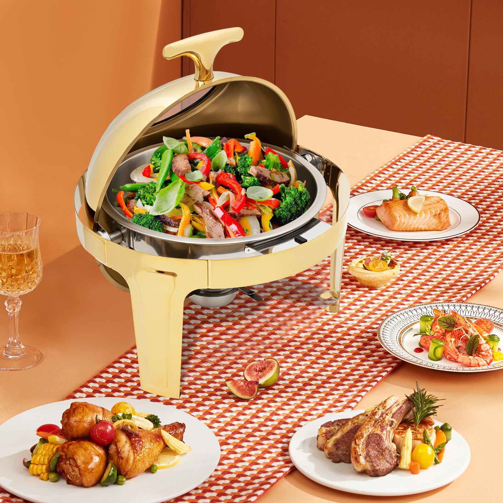 Set da buffet rotondo Chafing Dish in acciaio inox 201, coperchio Roll Top, capacità 6L, oro/argento, con vasca d'acqua e porta combustibile, diametro 40 cm