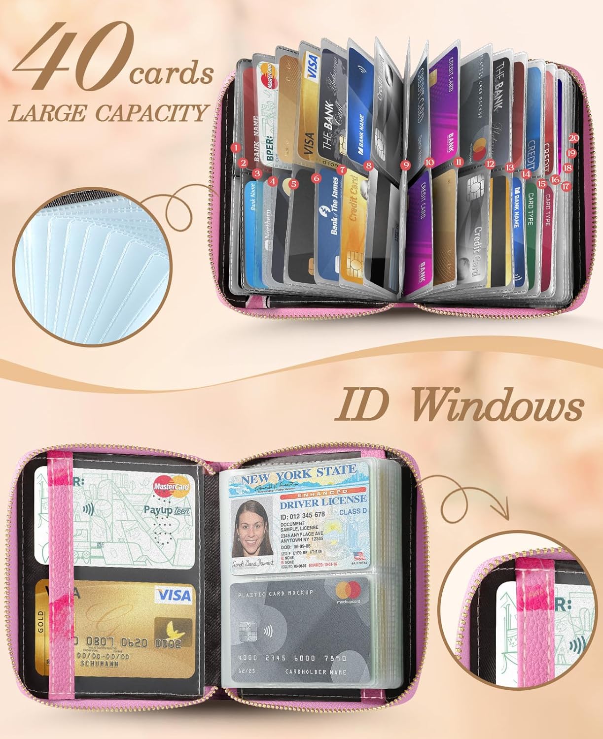 Bistup 40 Slots Credit Card Holder for Women Girls Cute RFID Blocking Card Organizer Leather Cardholder Protector for Lady Female Large Capacity Size Big Zipper Wallet Lips Cool Aesthetic Unique - Image 3