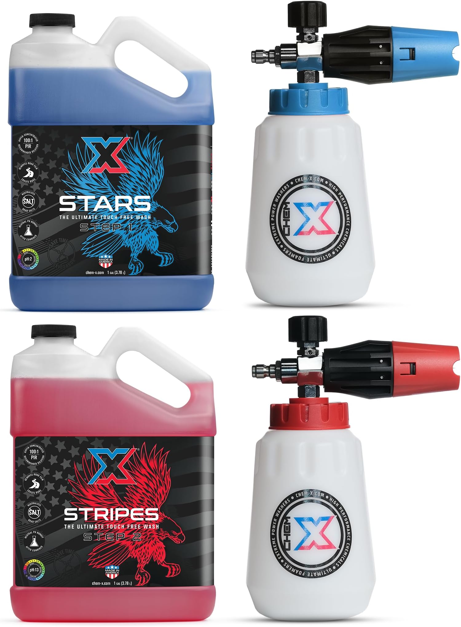 Chem-X: Stars and Stripes Ultimate Touch Free Vehicle Wash Chrome Foam Cannon Kit (1 Gallon Stars + 1 Gallon Stripes)