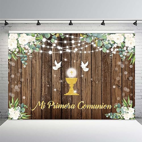 Miniatura 2 de MEHOFOND Fondo de comunión Mi Primera de 7 x 5 pies, decoración de fiesta de bautismo de primera comunión, decoración de fiesta de bautizo, madera