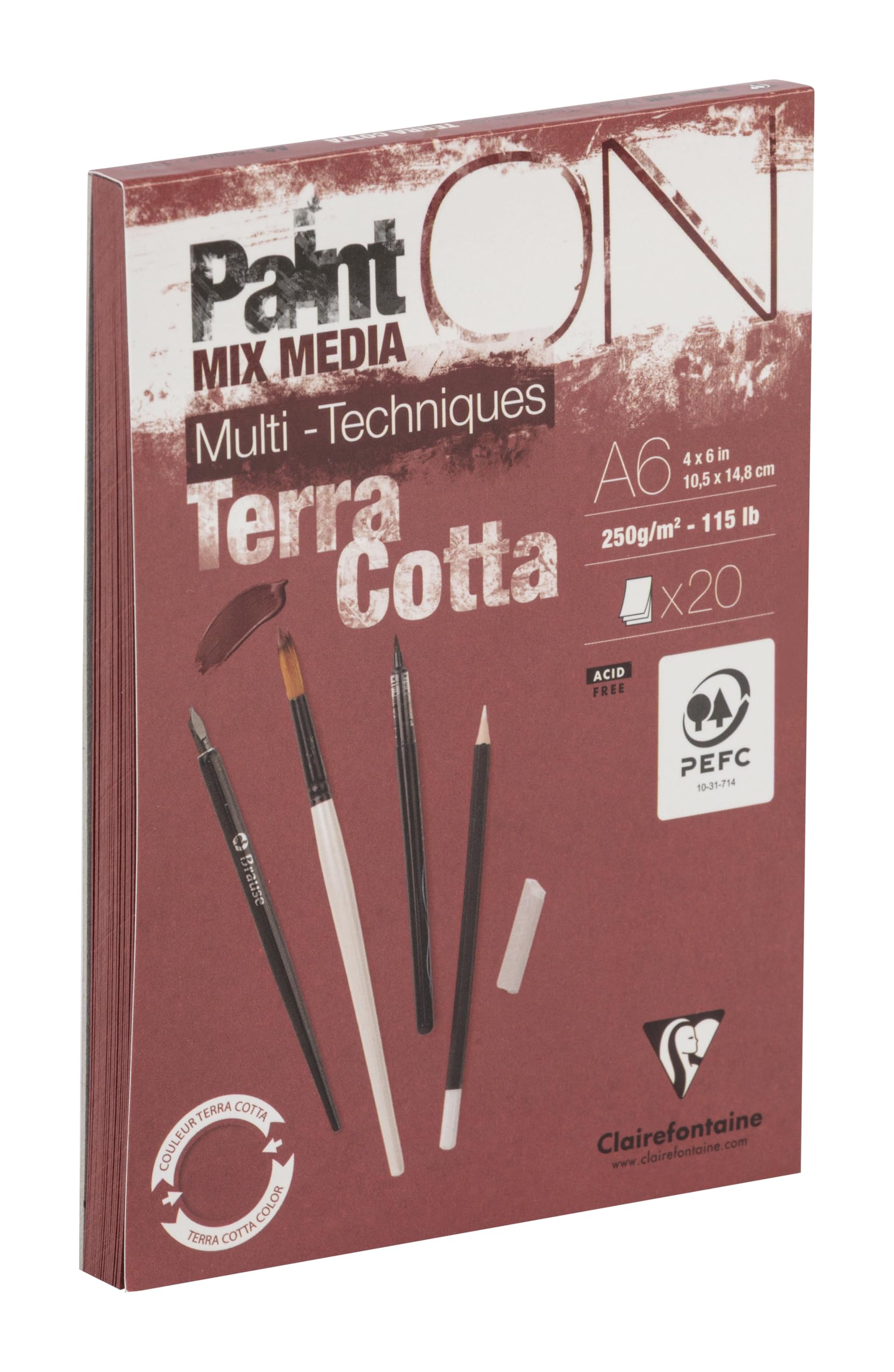Clairefontaine 976151C PaintON Multi-Technique Glued Pad Terracotta A6 10.5x14.8 cm 250g - 20 Sheets Multi-Technique Drawing Paper with Rough Grain - Terracotta