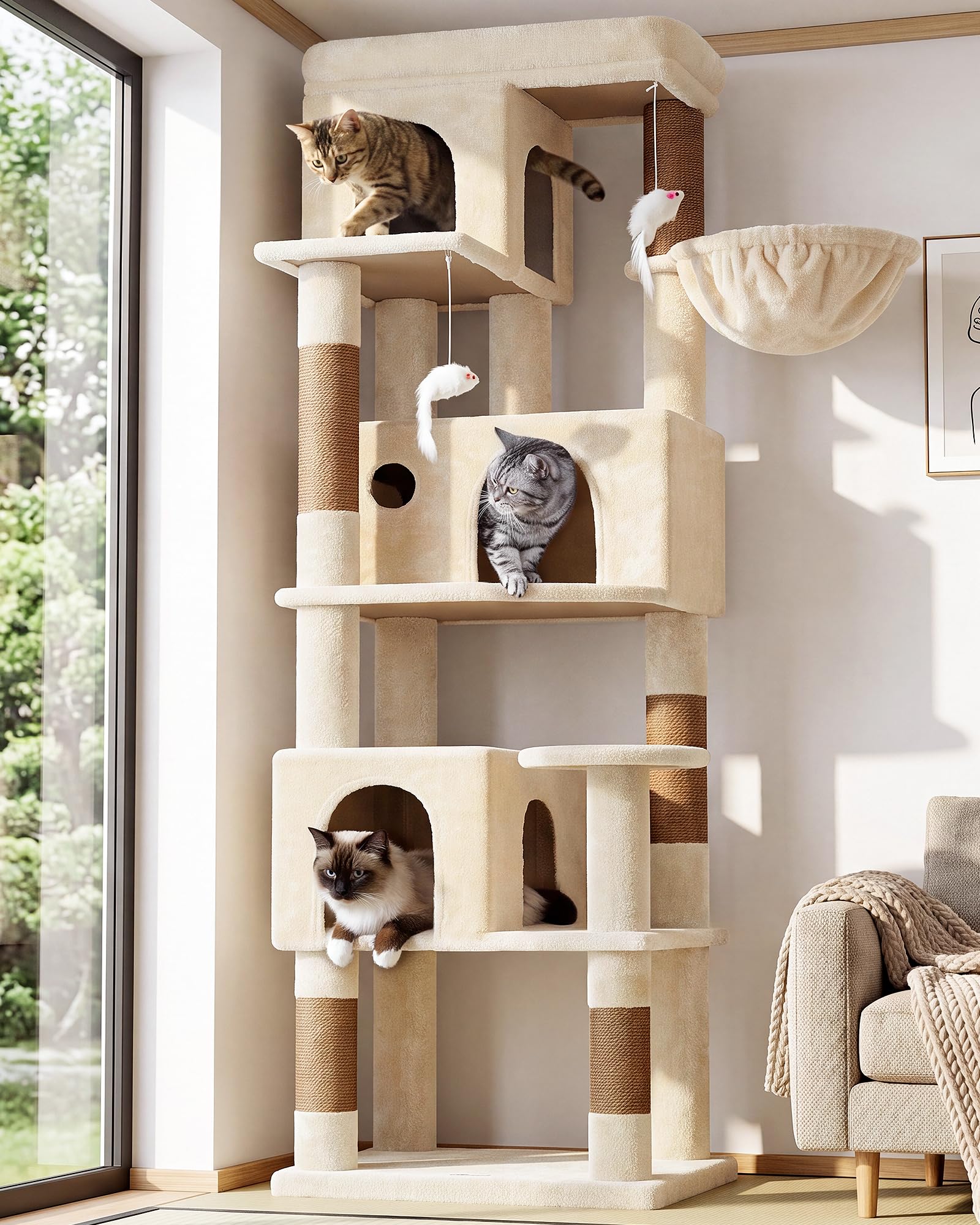 Globlazer Árbol Rascador Beige Esquinero Alto 168 cm con 3 Nidos, Grande Plataforma, Sisal Rascadores, Suave Cesta, Peluche Juguetes, Árbol Rascador Esquina Estable para 3-4 Gatos Adultos (F66, Beige)