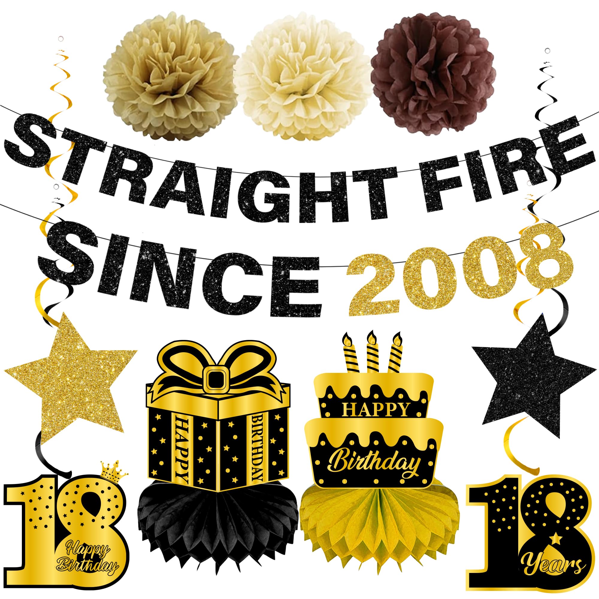 18th Birthday Decorations Banner Boy - 11 Pcs Black Gold Glitter Banners Straight Fire Since 2008 Hanging Swirls Honeycomb Paper Pompoms for Teens Boys 18 Year Old Birthday Party Supplies