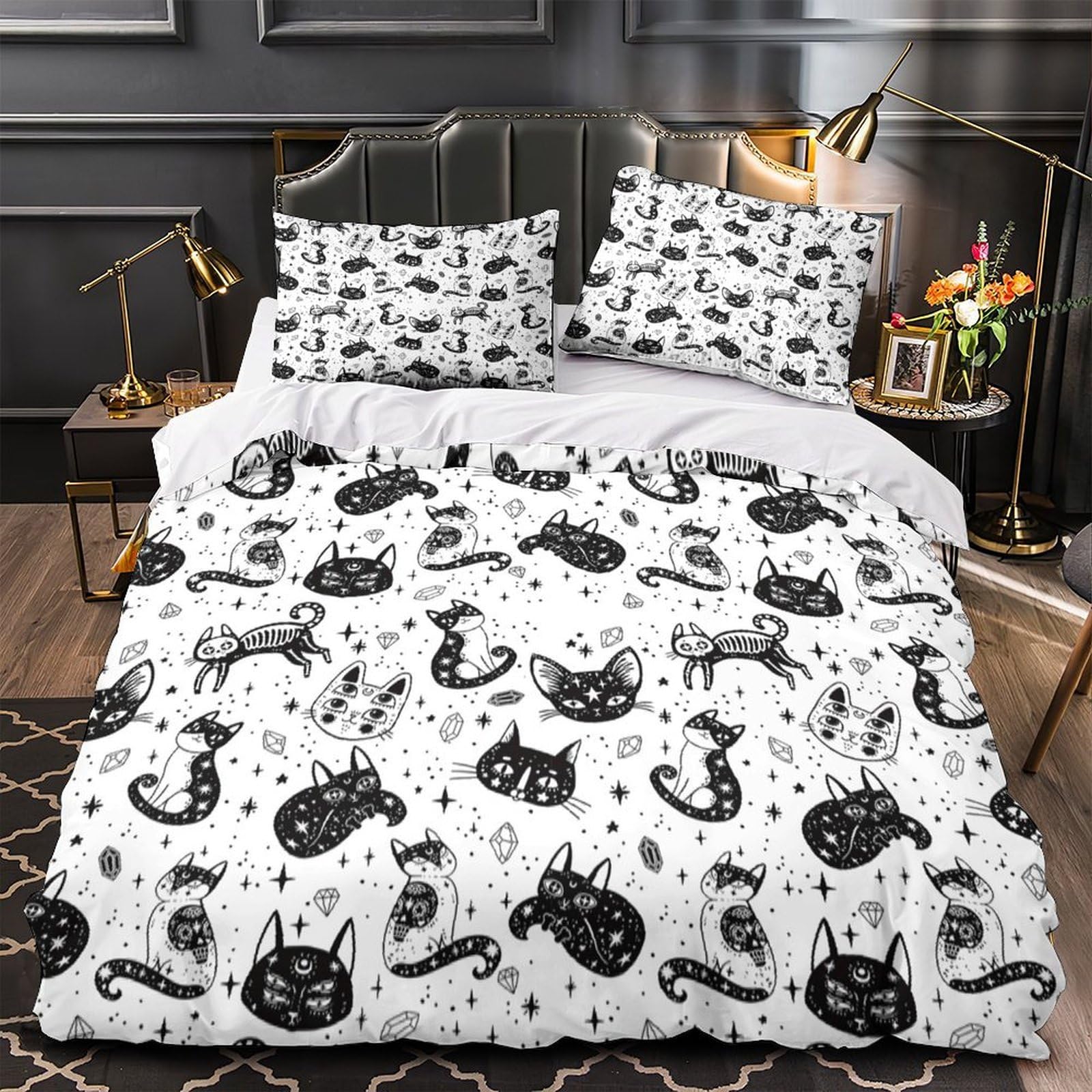 Housse de couette chat doodle 220x240cm avec 2 taies d'oreiller