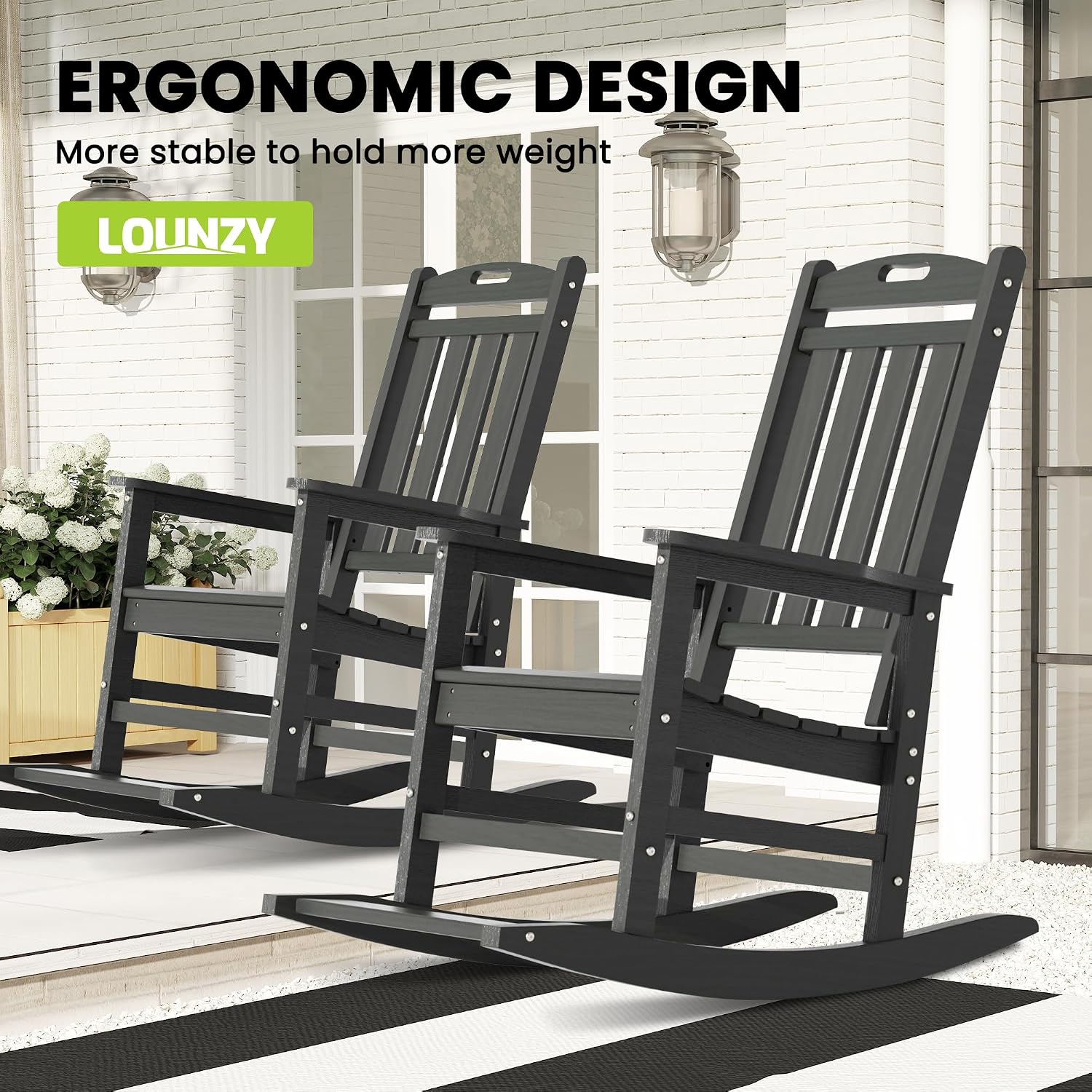 LOUNZY Outdoor Rocking Chair with Footboards Set of 2, HDPE Rocking Chair Patio Porch Rocker with 380lbs Support for Adult, Grey