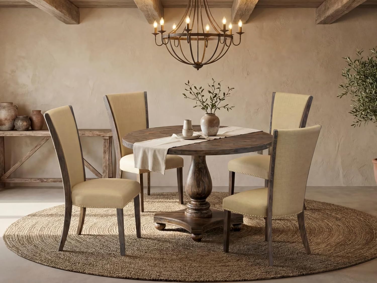East West Furniture I2VE5-703 5 Piece Kitchen Table & Chairs Set Includes a Round Dining Room Table with Pedestal and 4 Brown Linen Fabric Parsons Dining Chairs, 48x48 Inch, Distressed Jacobean