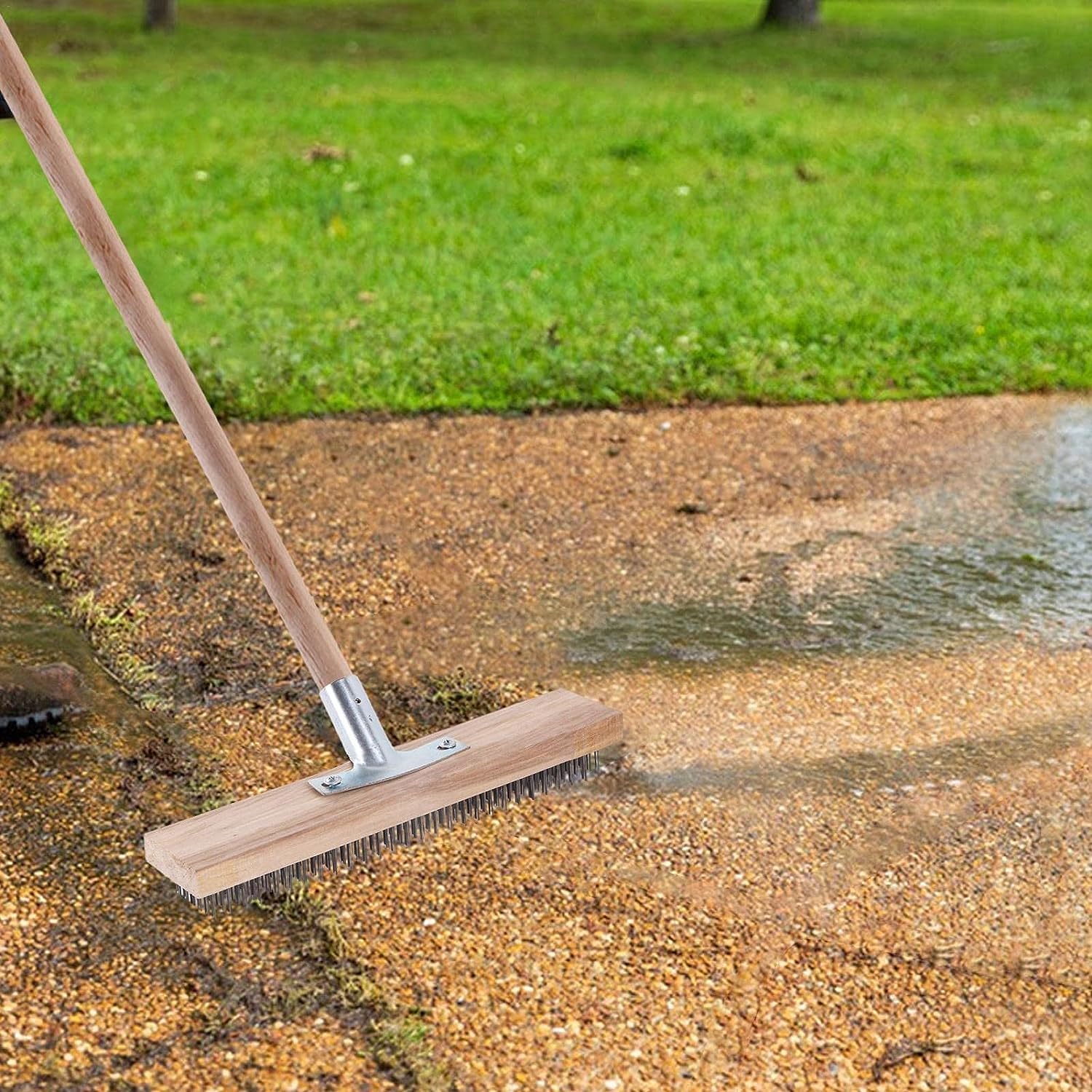 Scopa da giardino con setole rigide in metallo per rimuovere erbacce e muschio, resistente anche su doccia, parete, garage, cortile, patio (solo testa 20,3 cm)