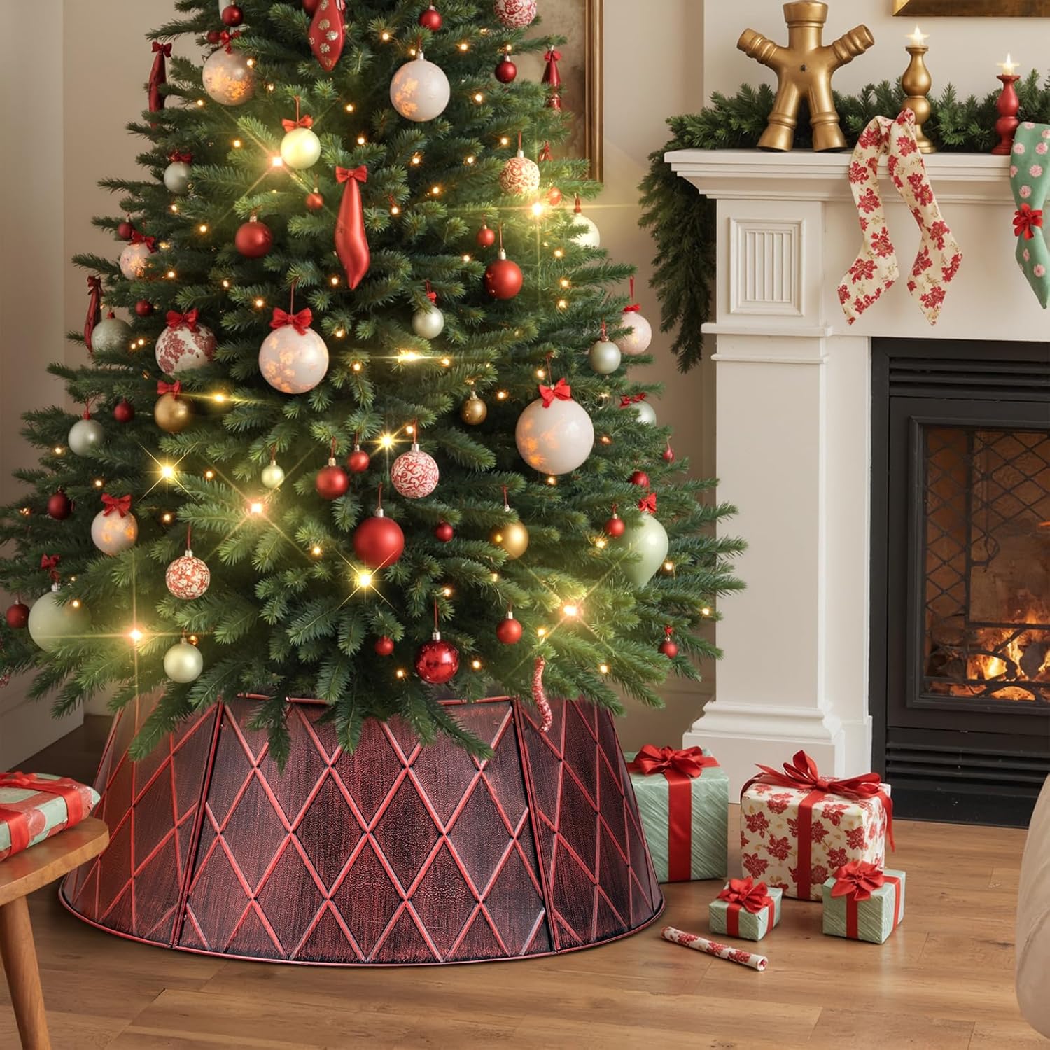 Lanpn Metal Christmas Tree Collar 24 inch, Christmas Tree Ring Collar for Small Mini Pencil Xmas Stand Cover Real Artificial Trees Indoor Outdoor Decoration (Red, Diamond) Red 24 inch