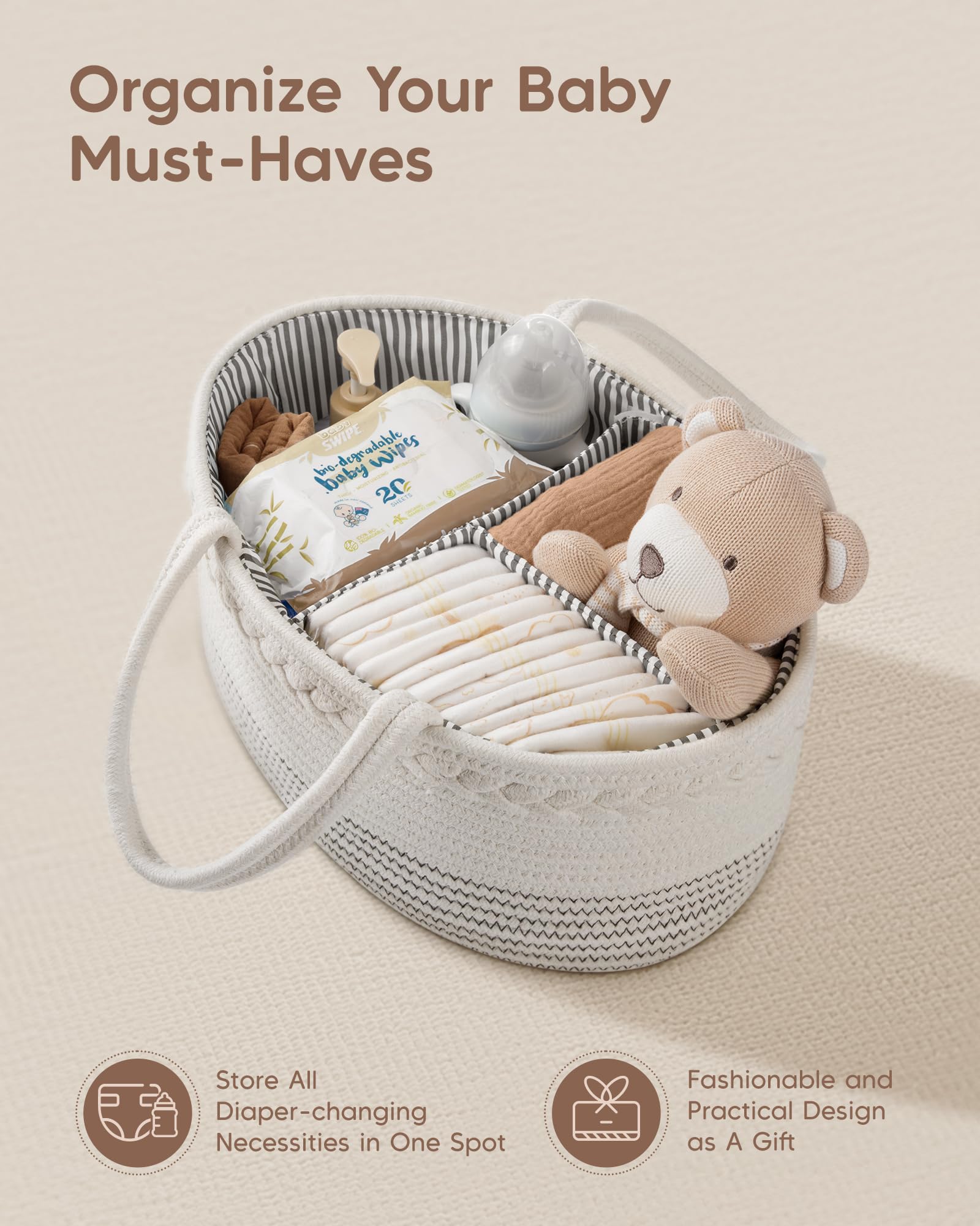 Maliton Nappy Caddy, Cotton Rope with Removable Dividers, White&wavy, Medium - Image 2