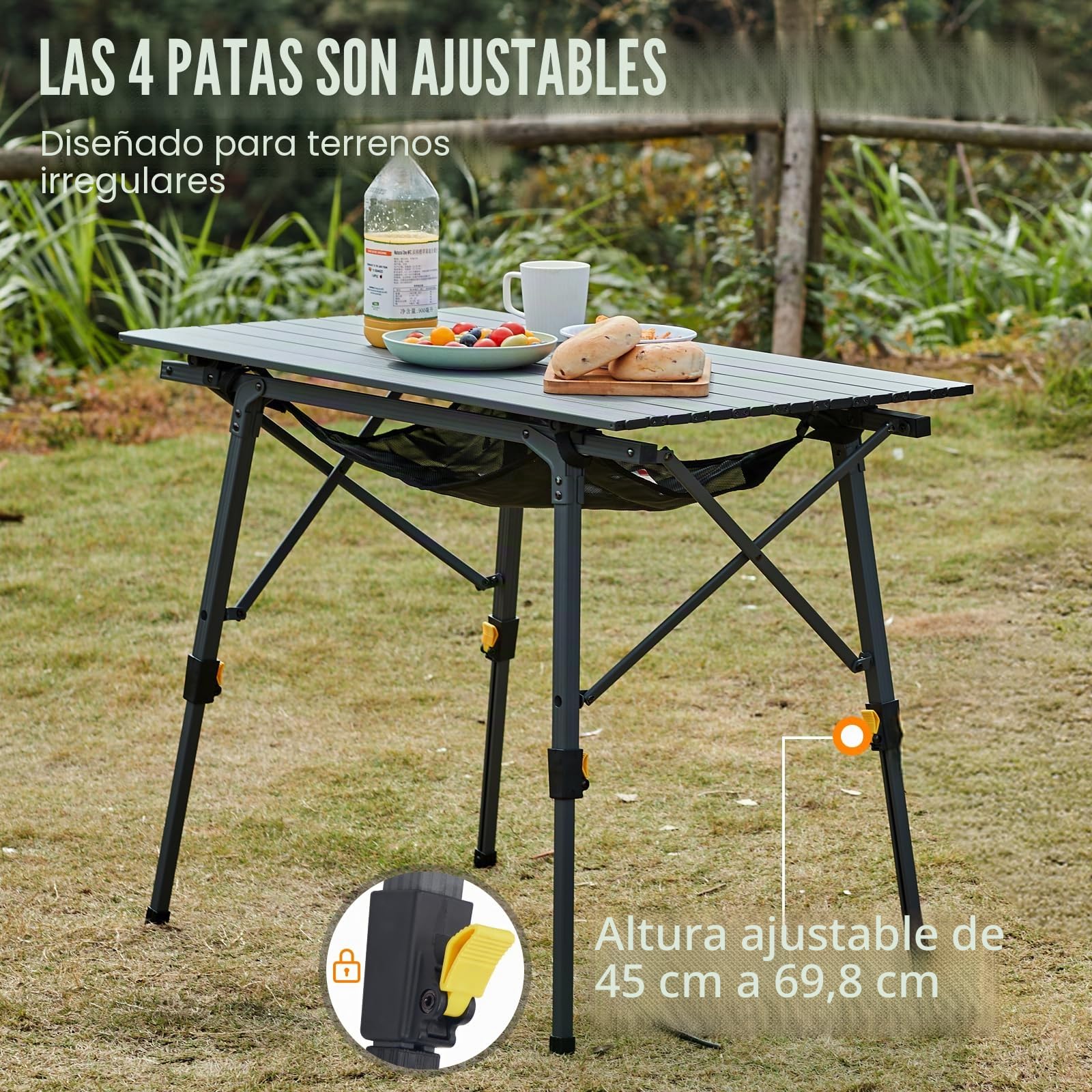 Portal Mesa de camping plegable, altura regulable, aluminio, 90 x 53 cm, para 4 personas, ligera, plegable, color gris