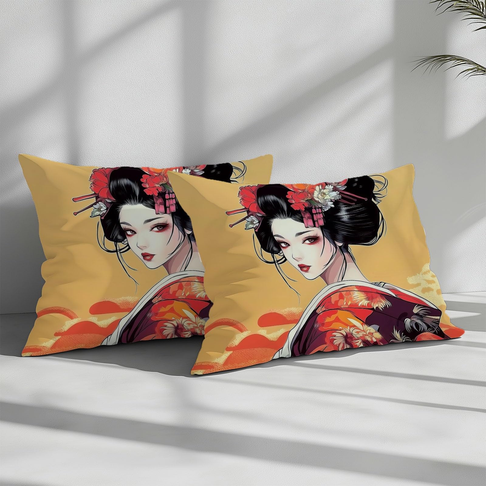 Japoński zestaw poszewek na kołdrę Geisha Kimono Yellow, 180 x 220 cm 100% szczotkowana bawełna zestaw poszewek na kołdrę, 3-częściowy zestaw poszewek na poduszki, zapięcie na zamek błyskawiczny