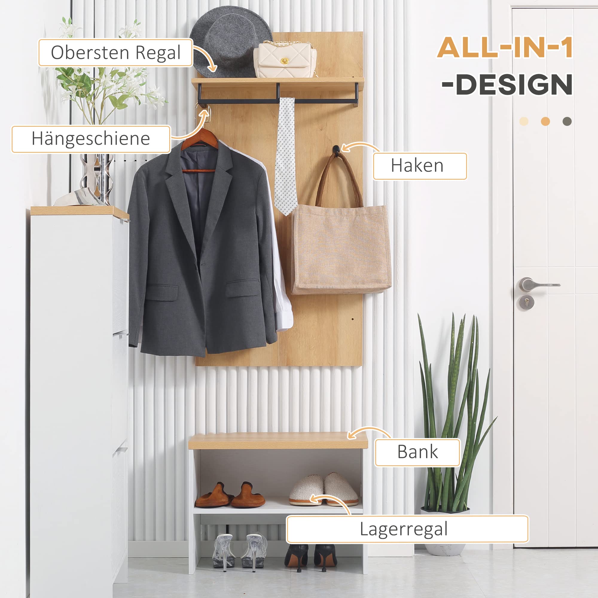 HOMCOM Garderobenset, Komplettgarderobe-Set, Kleiderständer mit Ablage, Flurgarderobe mit Schuhbank, Wandgarderobe, 4 Haken, Flurmöbel für Diele, Natur