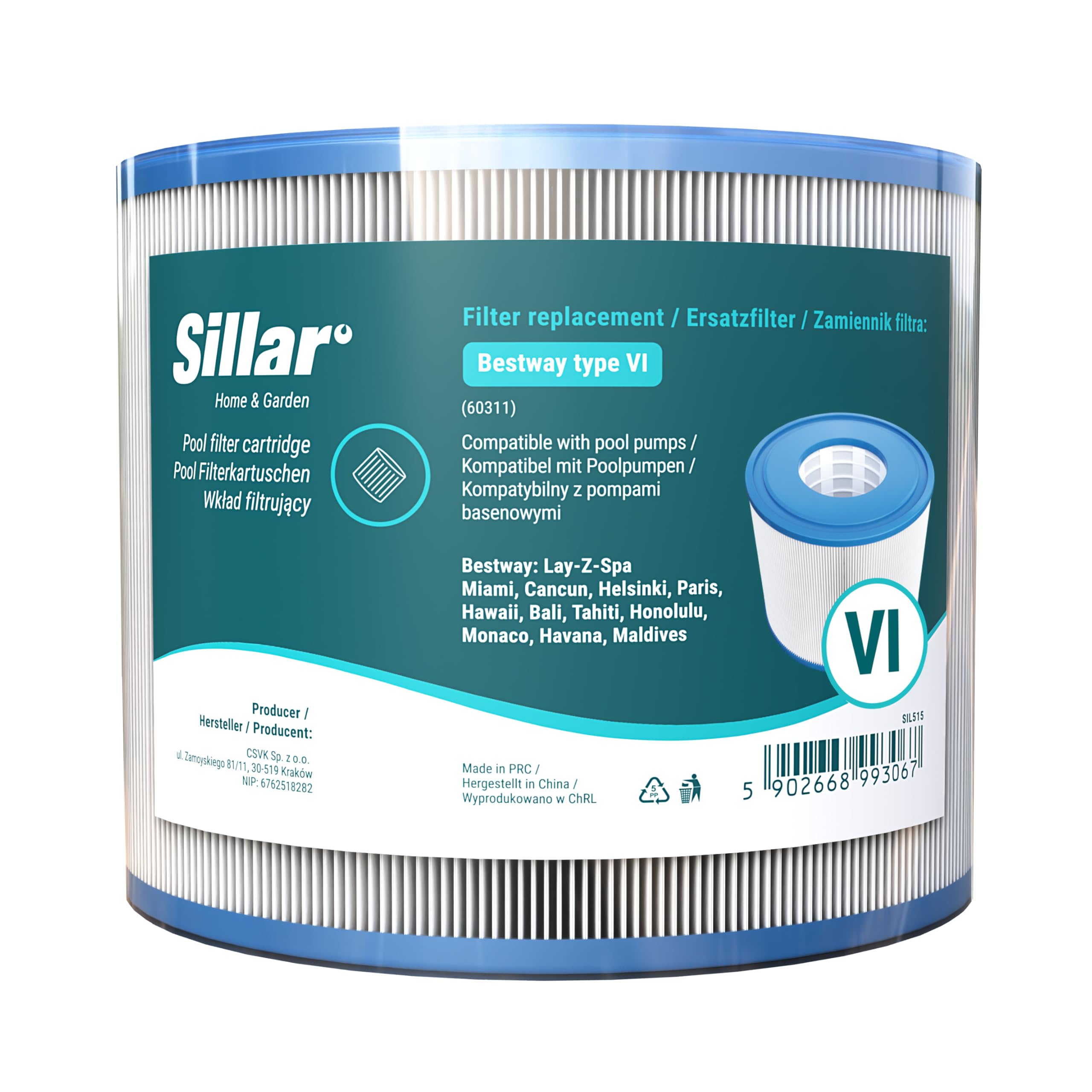 Sillar Filtr Kartuszowy Typ VI Ø 7,9 cm × 10,4 cm – 12 wkładów do pomp Bestway Lay-Z-Spa Miami, Cancun, Helsinki, Paris, Bali, Tahiti, Honolulu