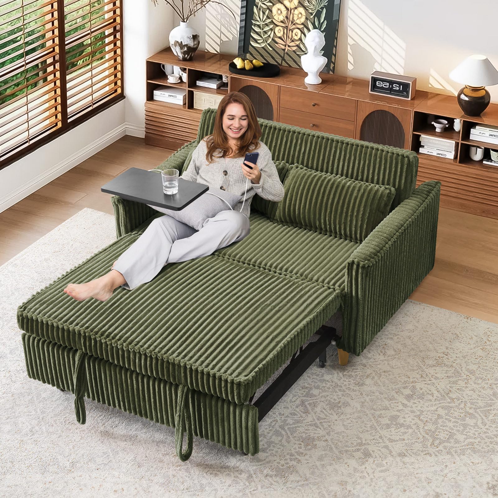 Antetek Convertible Sofa Bed, 3 in 1 Corduroy Fabric Pull Out Sleeper Loveseat Sofa Couch Bed with Movable Side Table & USB Charging Ports for Living