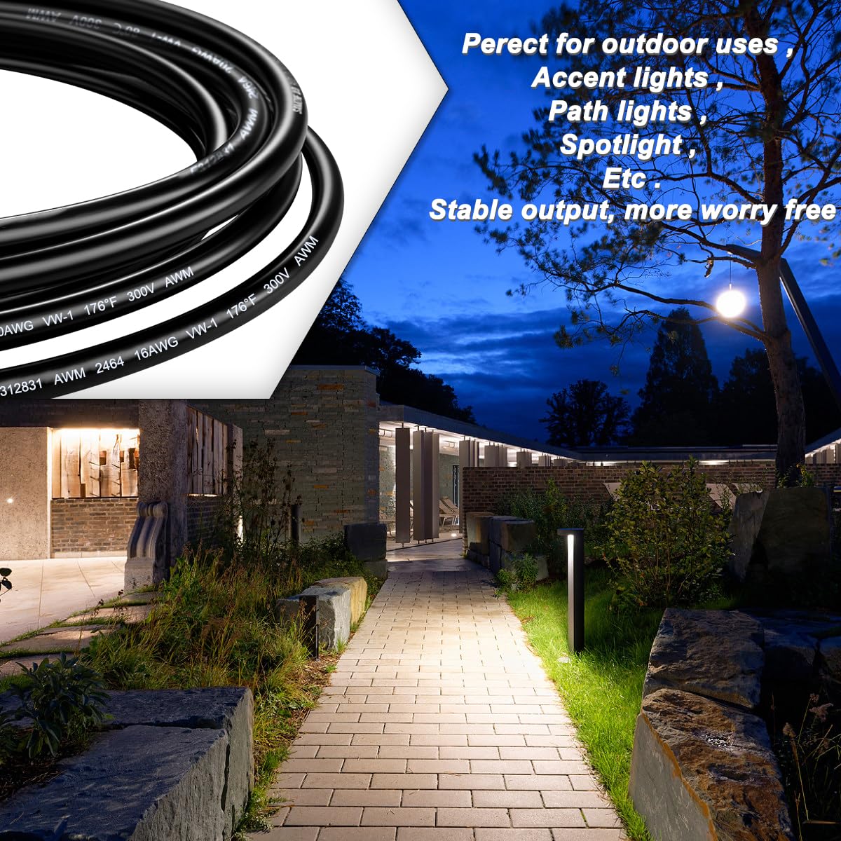 Flexible 100FT/30.5M Electrical Wire,16AWG 2-Conductor Low Voltage Landscape Wire, 16 Gauge Wire for Outdoor Lighting Systems, Widely Used in LED Lighting and Wire Automotive