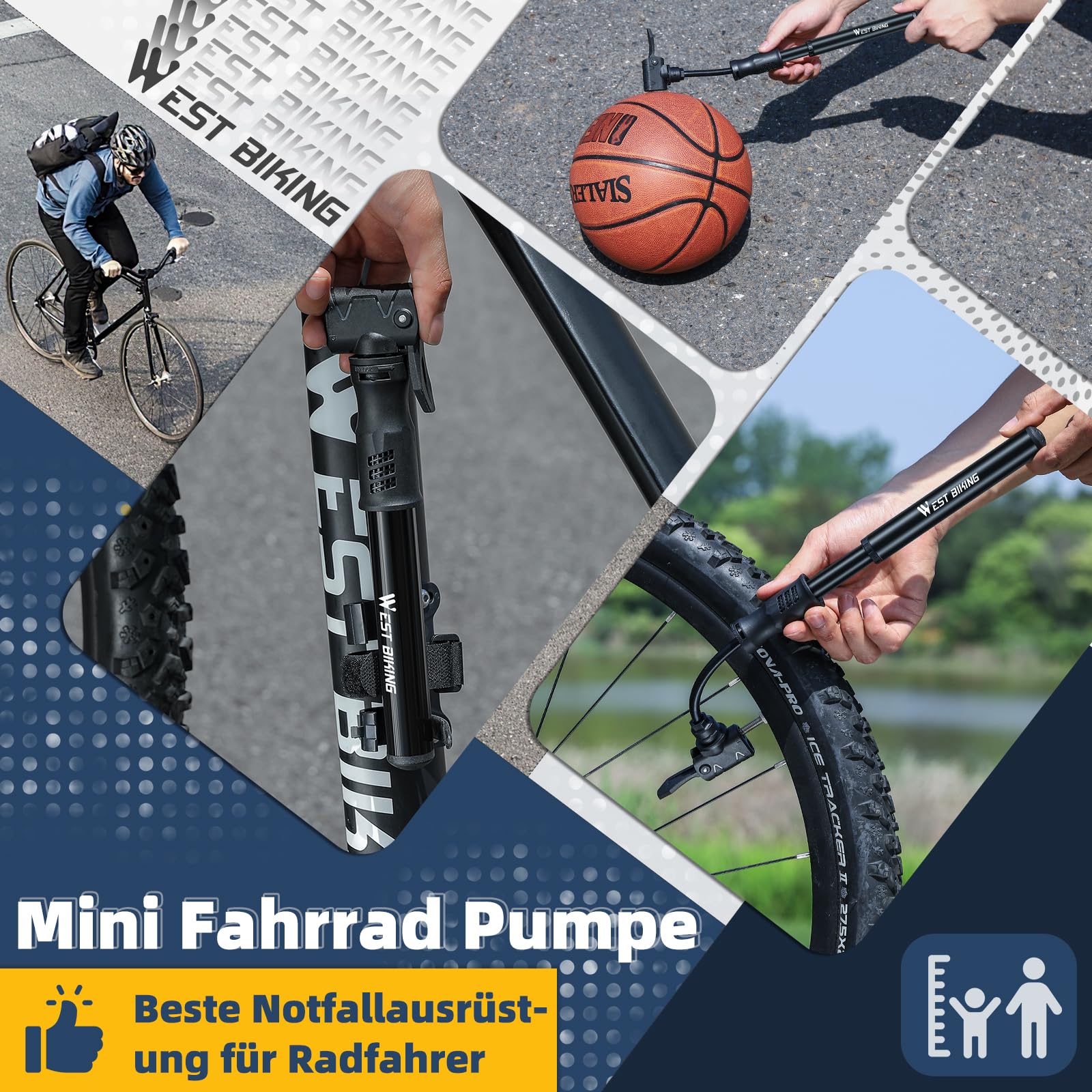 West Biking Mini pompa per bicicletta – Pompa ad aria in alluminio per bicicletta tutte le valvole, piccola pompa per bicicletta, gonfiaggio rapido degli pneumatici, leggera mini pompa per bici da