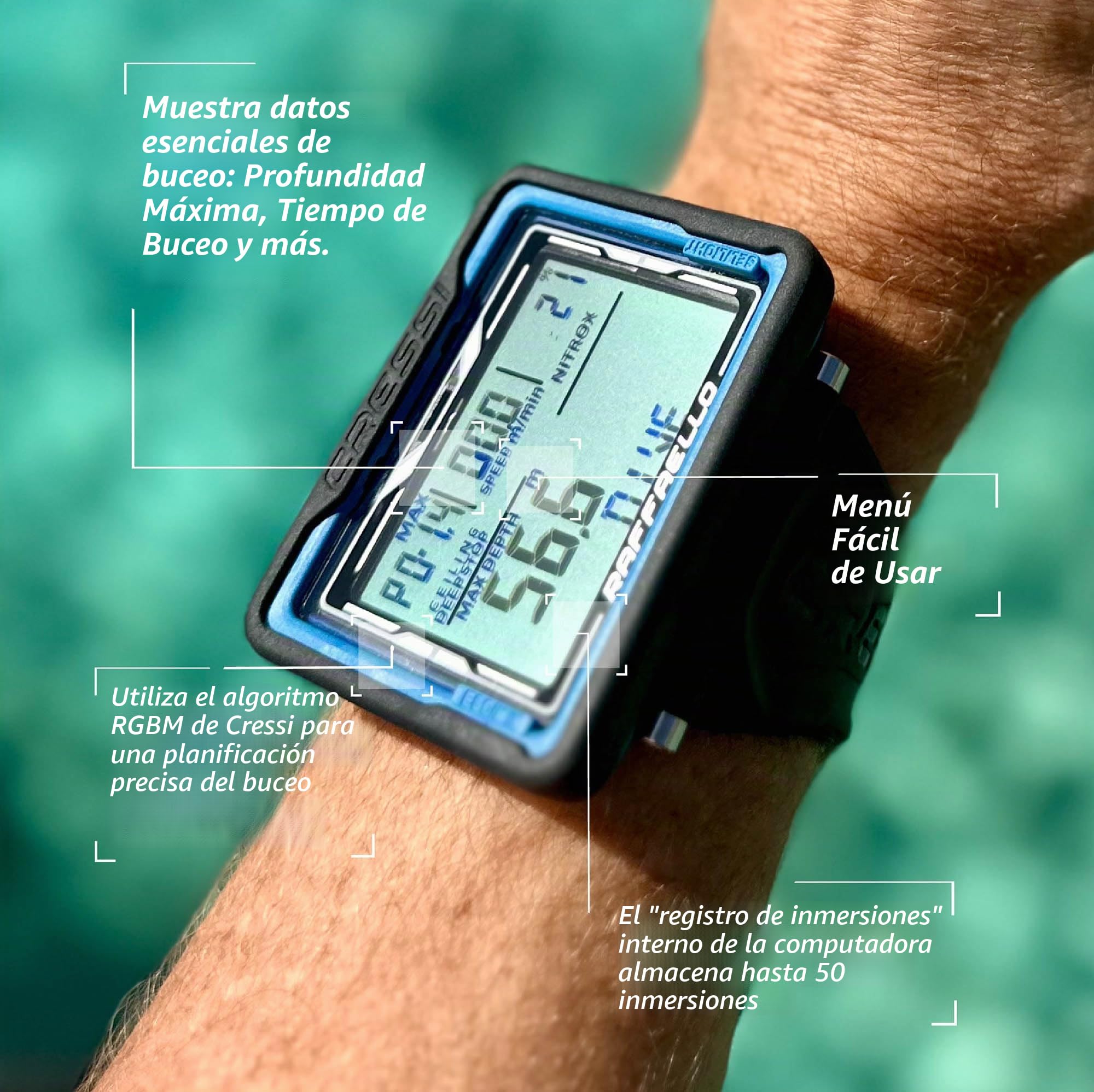 CRESSI Raffaello Diving Computer - Ordenador de Buceo con Amplia Pantalla Rectangular de Alto Contraste para la Máxima Legibilidad de los Datos Posible Unisex Adulto