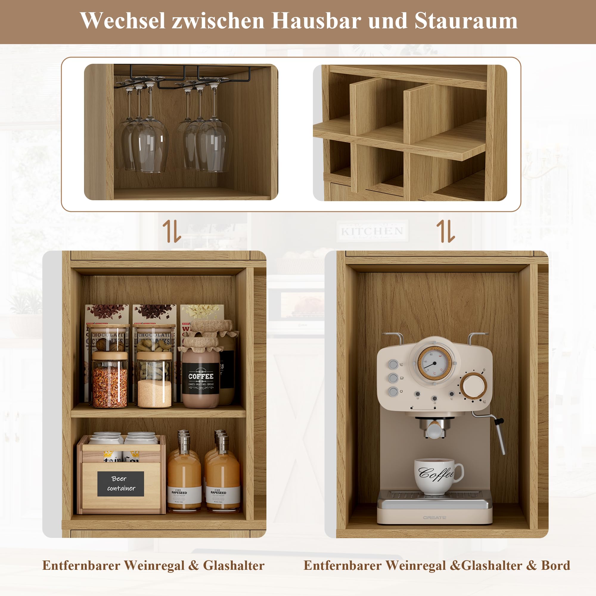 HOCSOK Credenza Cucina, Alta Dispensa Cucina con 6 Armadietti, Rimovibile Portabottiglie da parete con porta calici, Microonde con Ripiani Aperti, mobile soggiorno, Bianco (Marrone)
