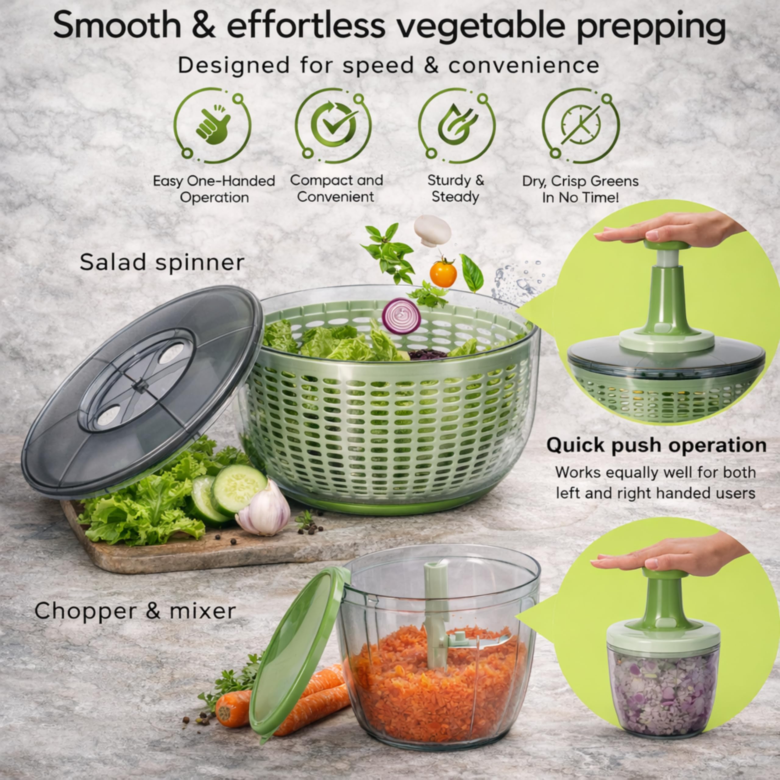 Brieftons Centrifugador y picador de ensalada: secadora grande de verduras de lechuga de 6 litros, con mezclador picador de verduras de 0,9 litros, almacenamiento compacto, fácil operación de empuje