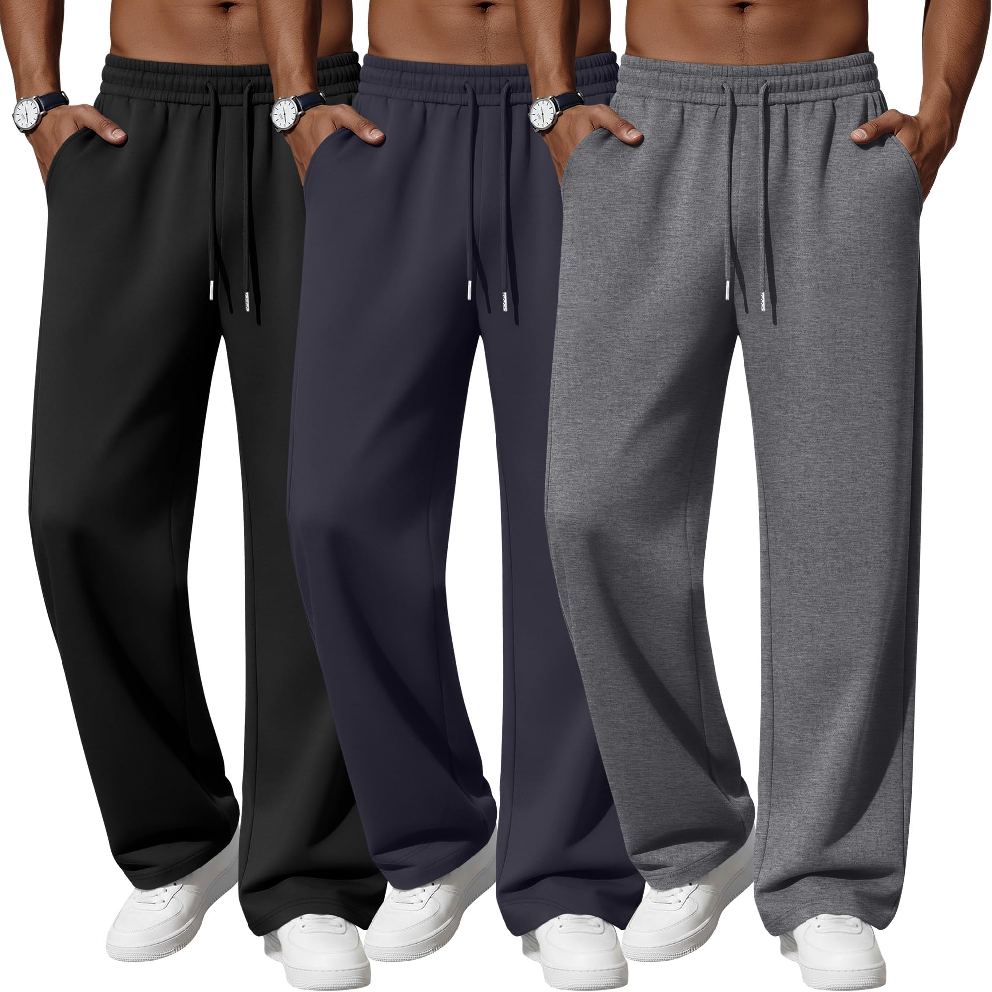 Neer Confezione da 3 Pantaloni da Casa da Uomo, Leggeri, con Fondo Aperto, Larghi, Comodi, con Coulisse e 3 Tasche