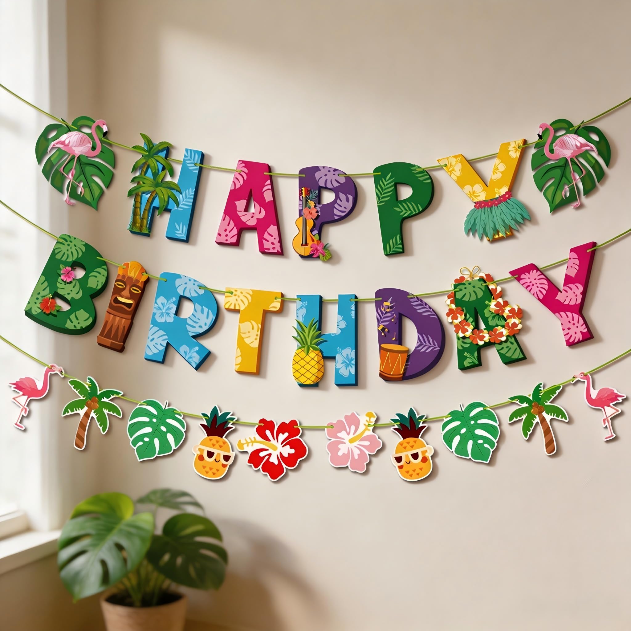 Happy Birthday Banner, Tropical Hawaiian Theme with Palm Leaves Flaming Pineapple Hibiscus, Thick Paper Banner for Birthday Party Decor ations, Summer Party Supplies, Reusable & Easy to Hang
