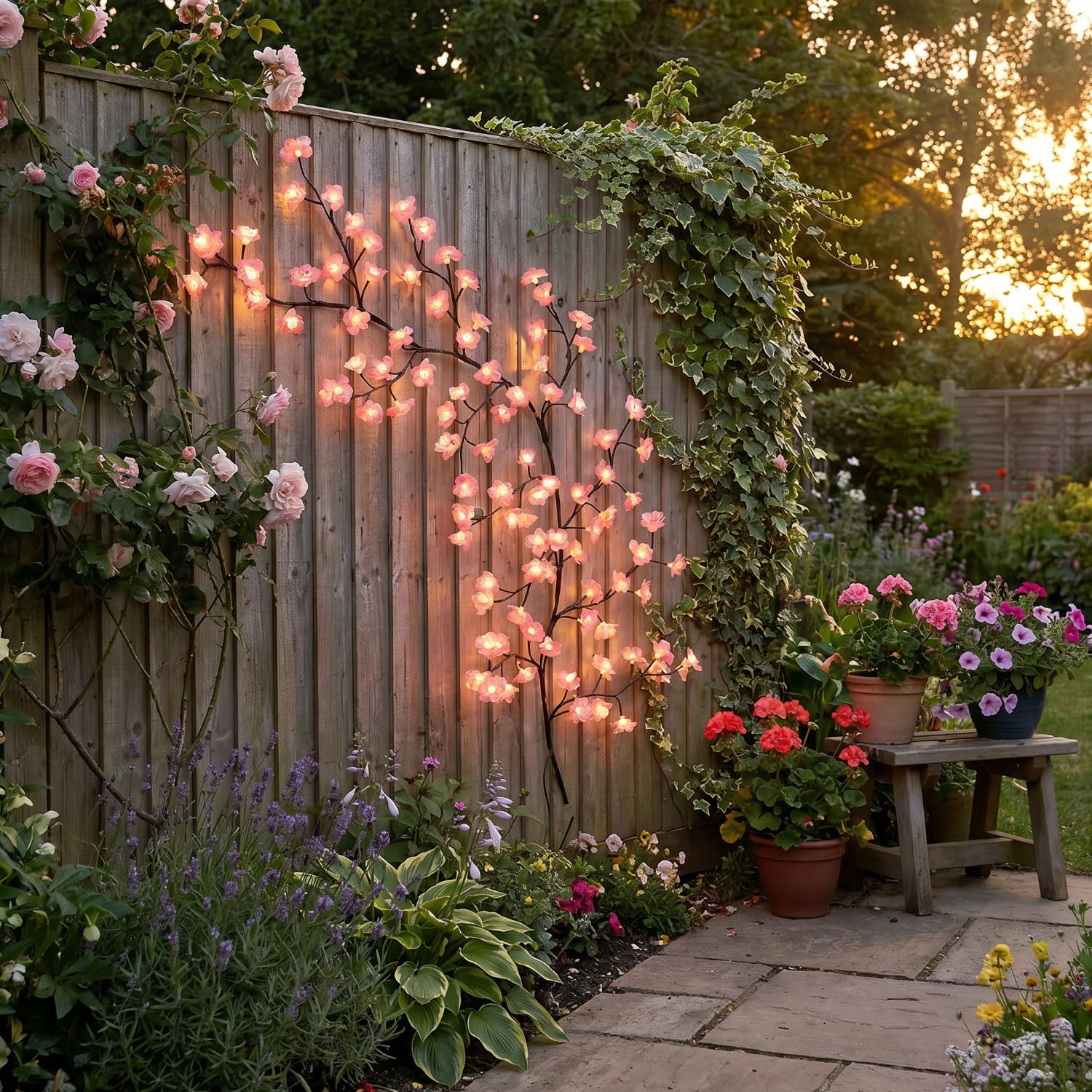 Gresonic Guirlande lumineuse solaire à LED décorative en fleurs de cerisier, Willow Vin, minuterie USB, branches de fleurs de cerisier (144 LED)