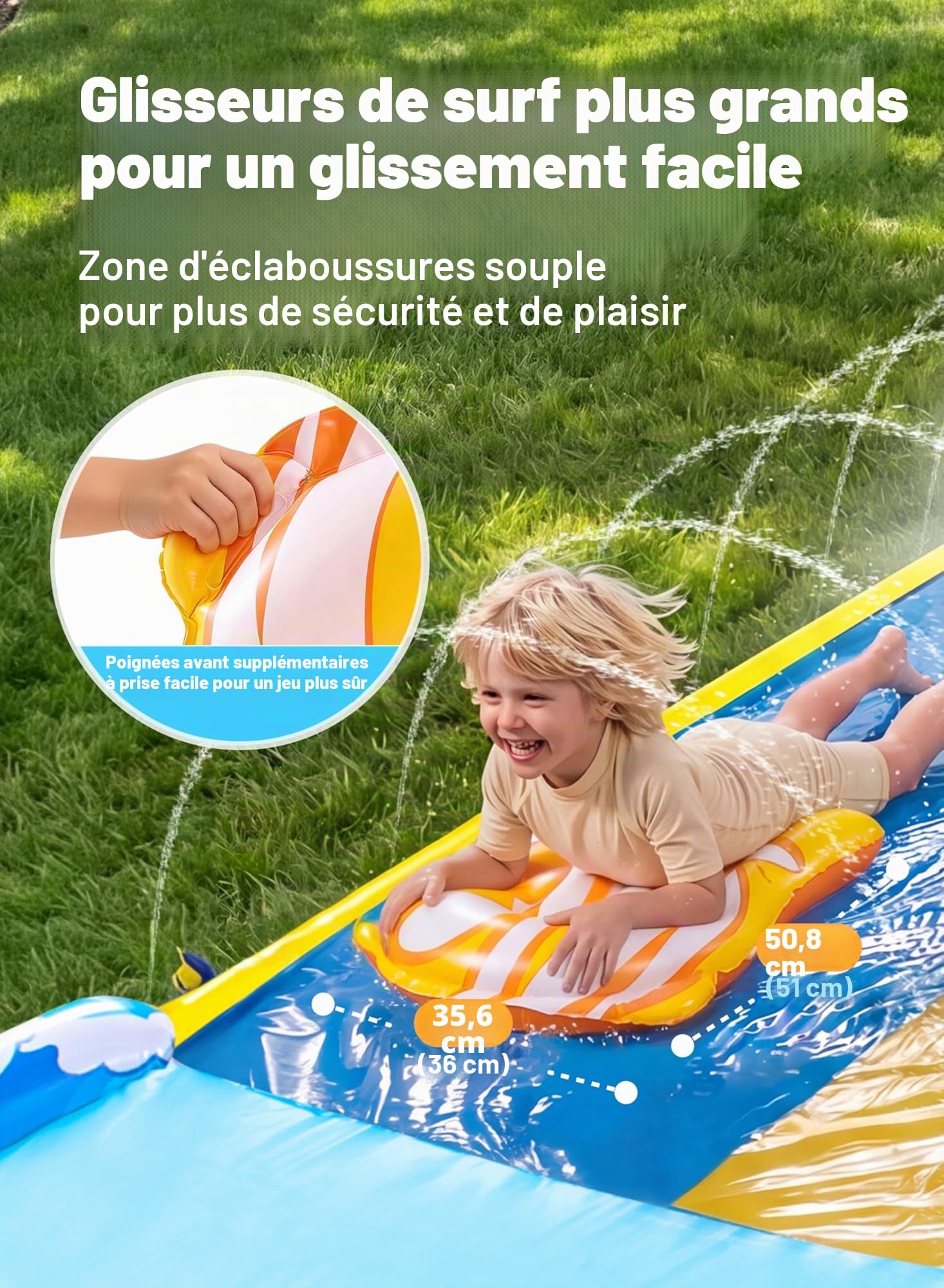 Sloosh Toboggan Aquatique Triple 22,5ft x 84in/685.8 * 213.3cm avec Vagues, Toboggan de pelouse résistant avec 3 bodyboards et arroseur, Jouet d'eau d'été pour Enfants et Adultes, extérieur et Jardin