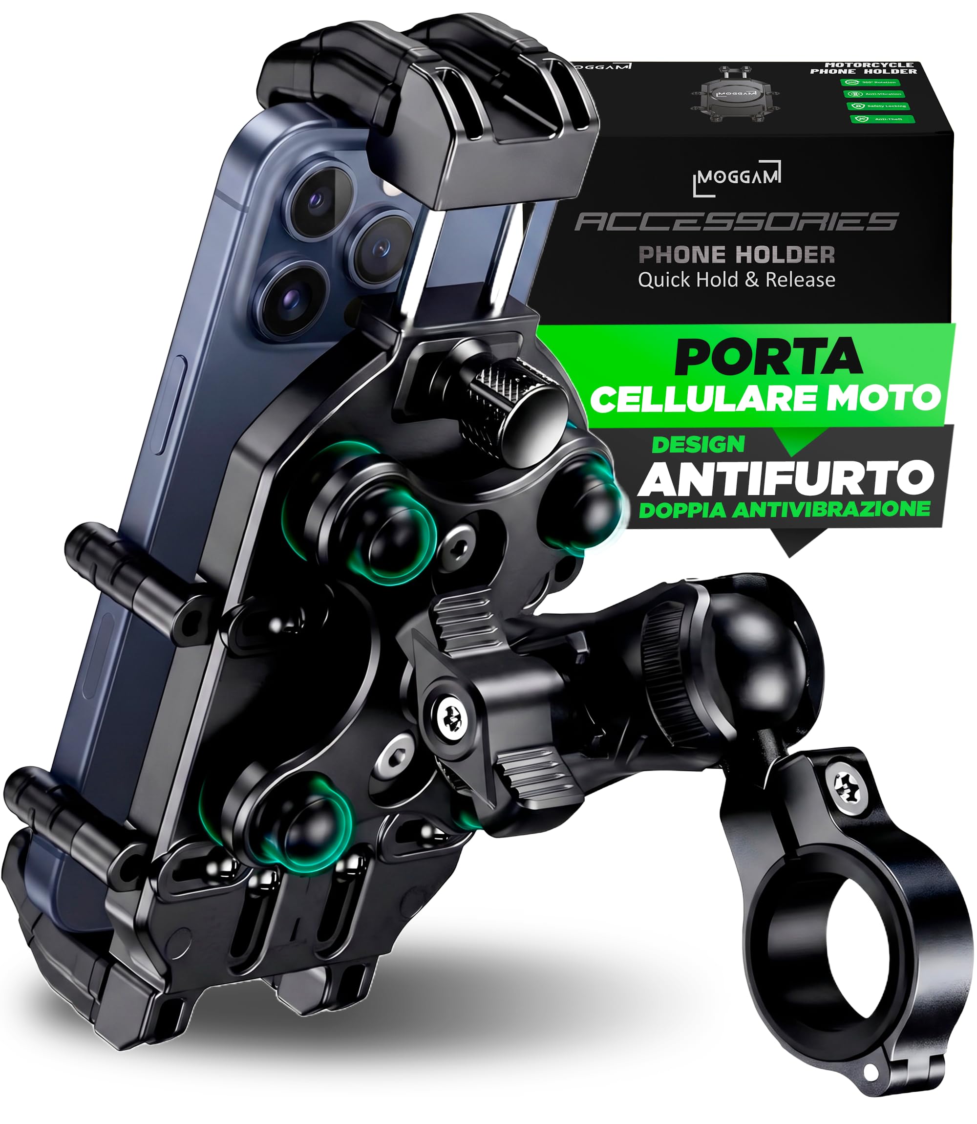 MOGGAM Porta Telefono Moto Antivibrazione Antifurto Manubrio Rugged | Supporto cellulare con bracci telescopici in acciaio per quad, enduro e offroad. Adatto a cover spesse fino a 20 mm.